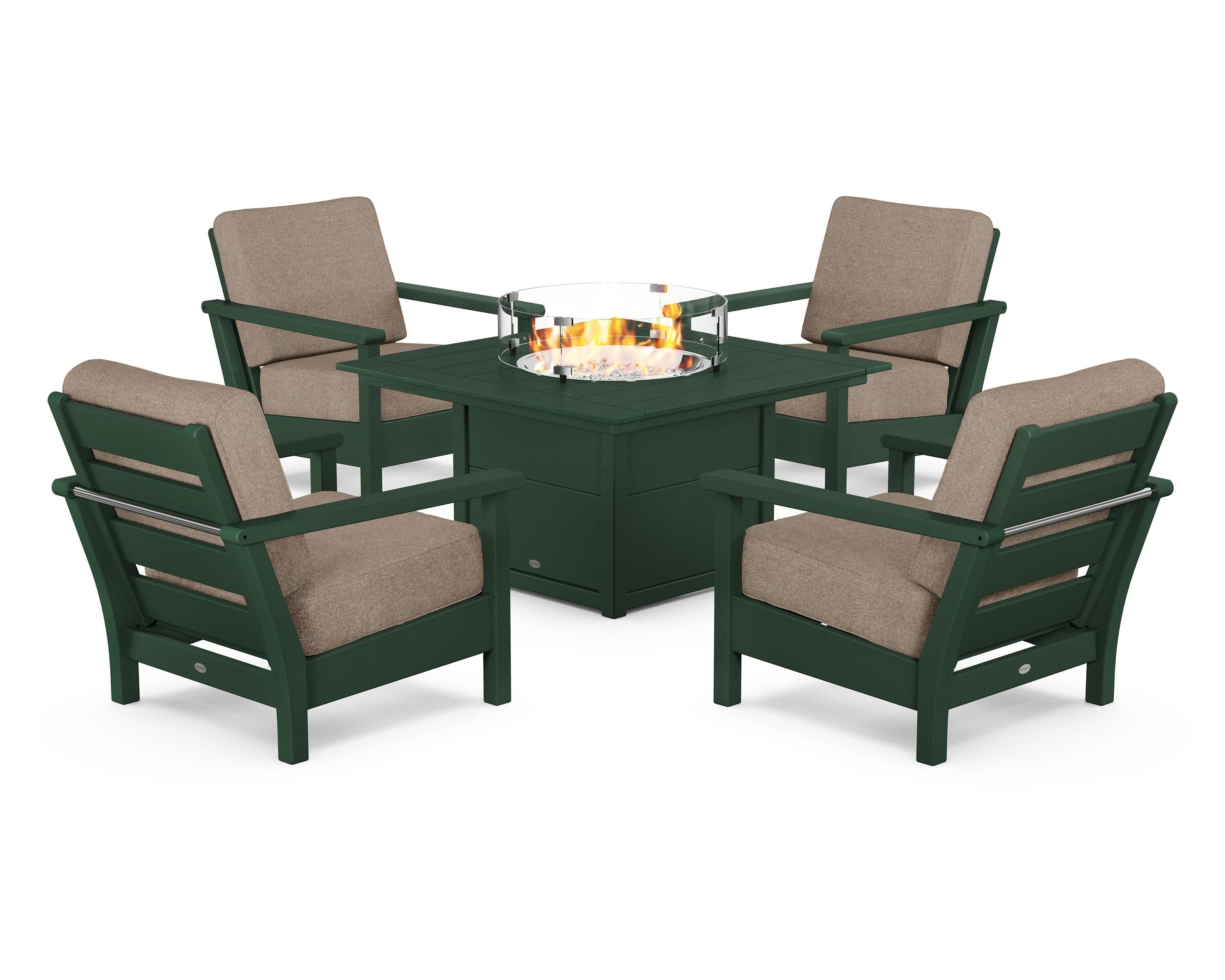 Harbour 5-Piece Conversation Set with Fire Pit Table in Green / Spiced Burlap