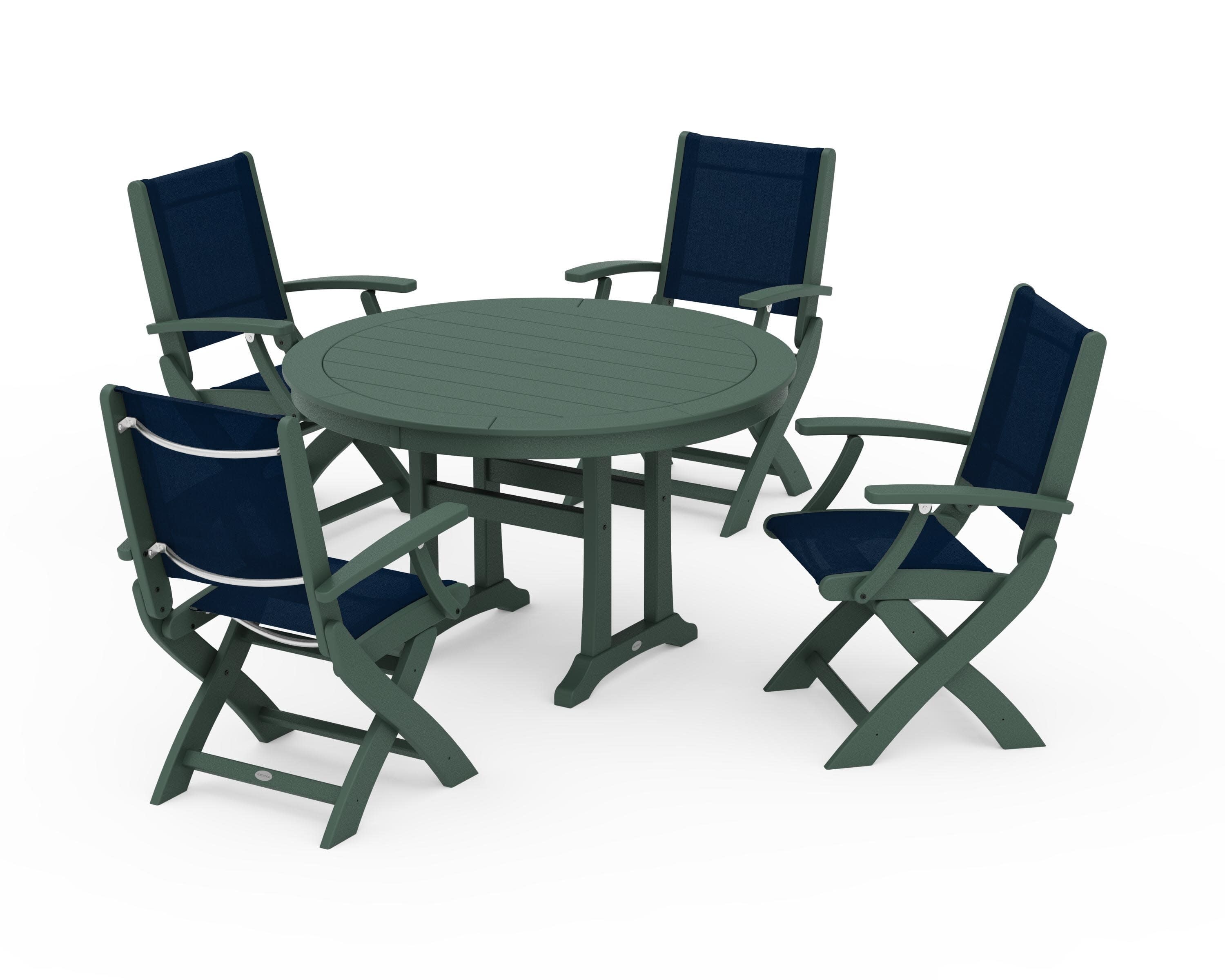 Coastal Folding Chair 5-Piece Round Dining Set with Trestle Legs in Green / Navy Blue Sling