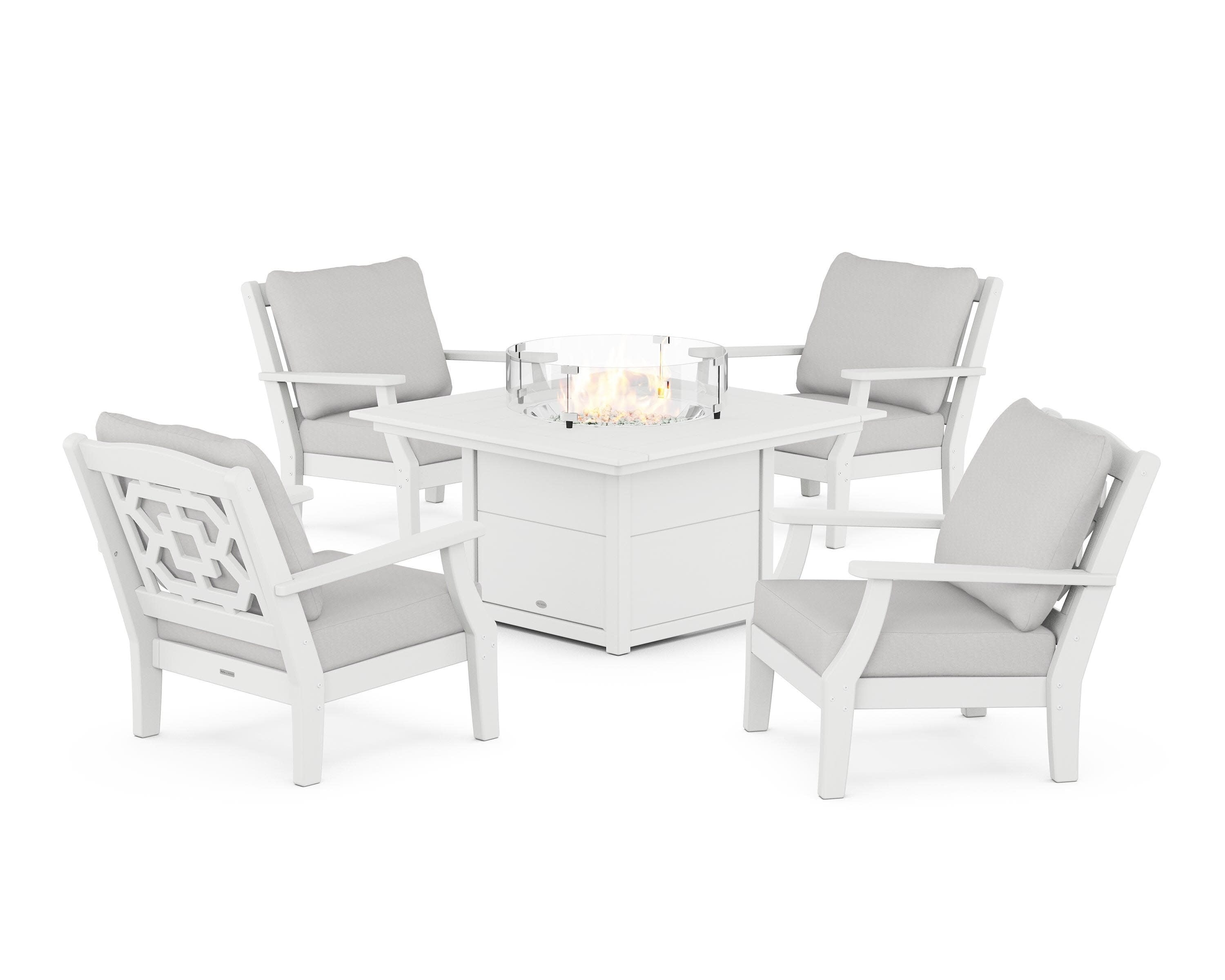 Chinoiserie 5-Piece Deep Seating Set with Fire Pit Table in White / Diamond in the Rough