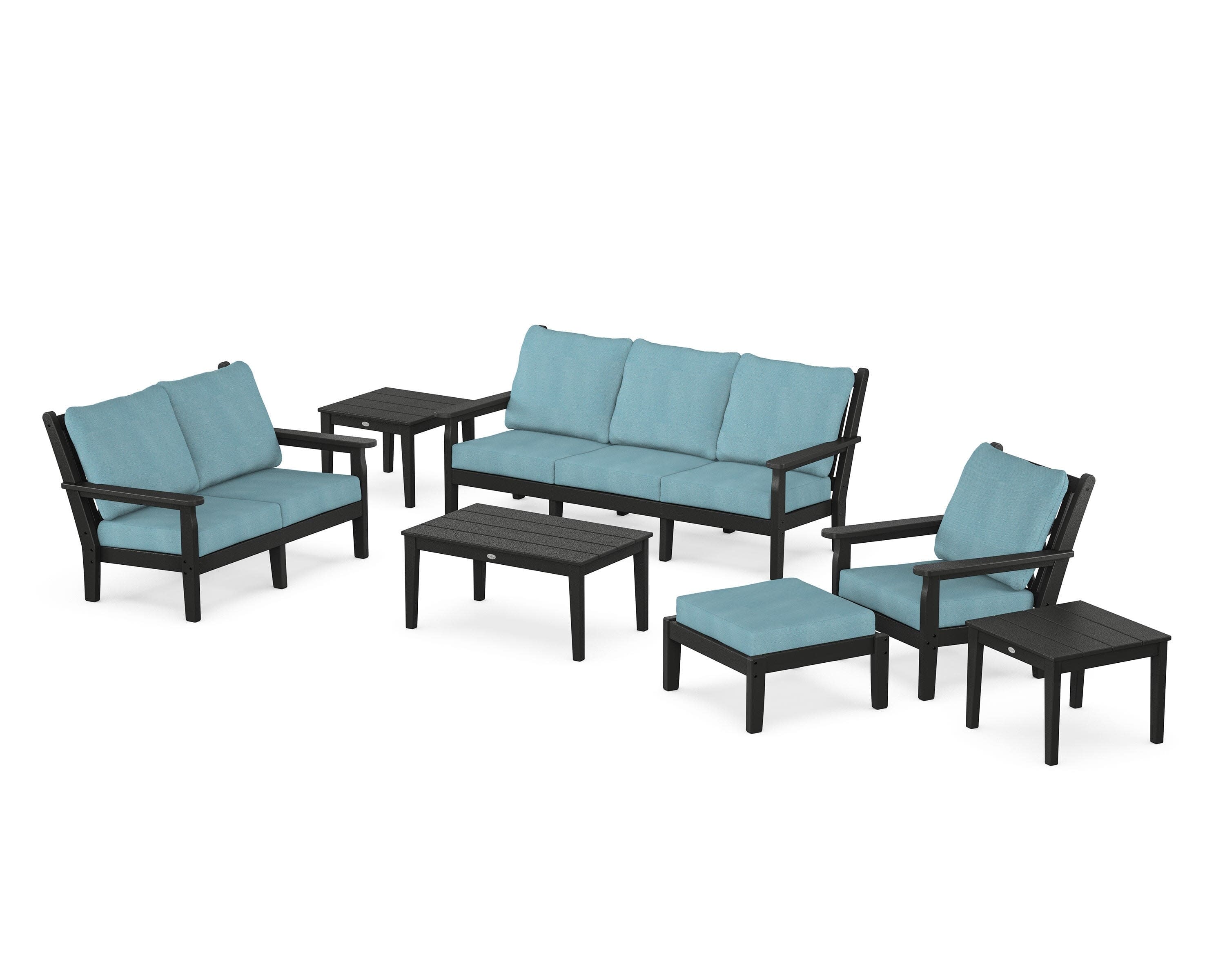 Chippendale 7-Piece Deep Seating Set in Black / Lattice Sky Blue