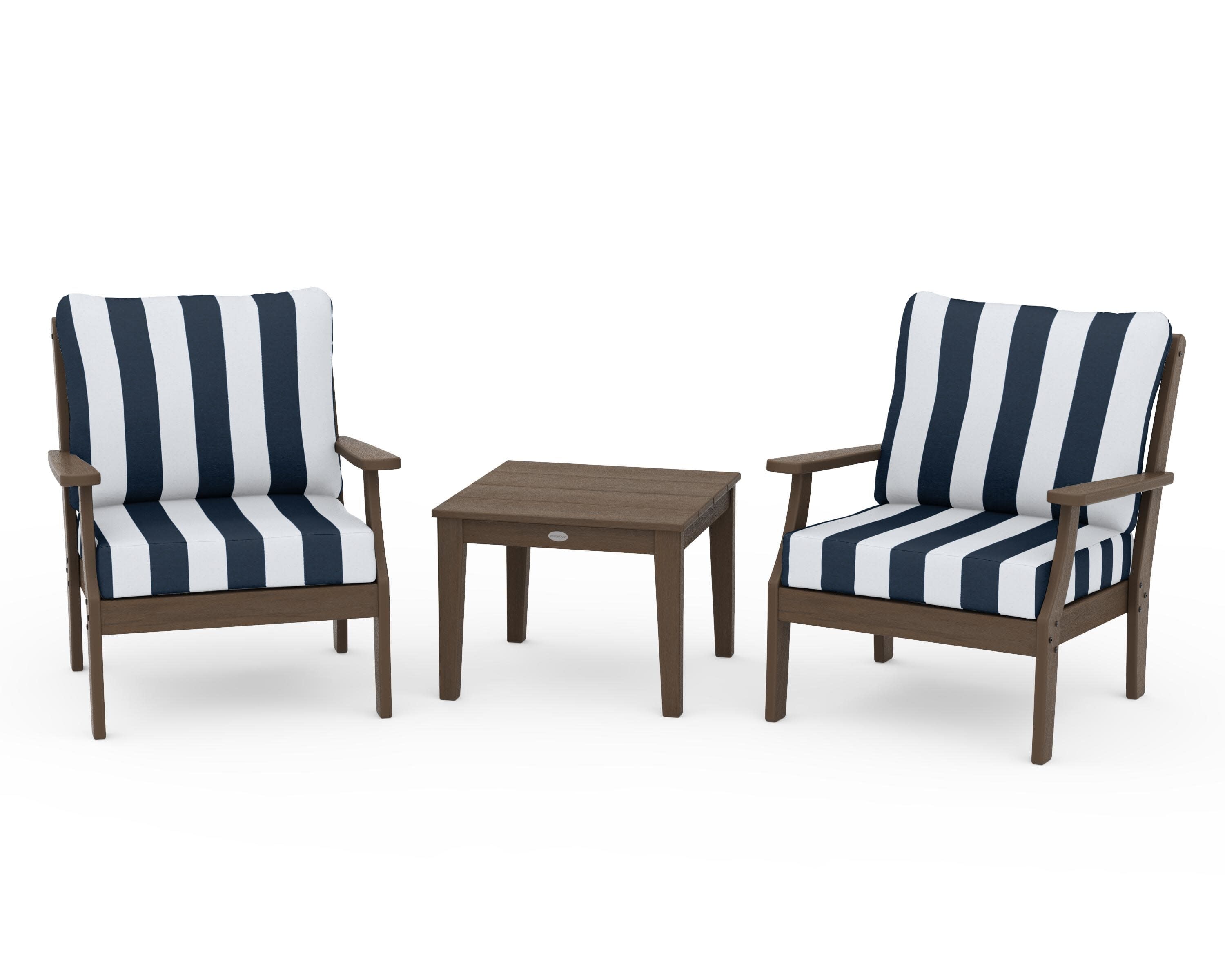 Braxton 3-Piece Deep Seating Set in Kona / Cabana Stripe Marine Indigo