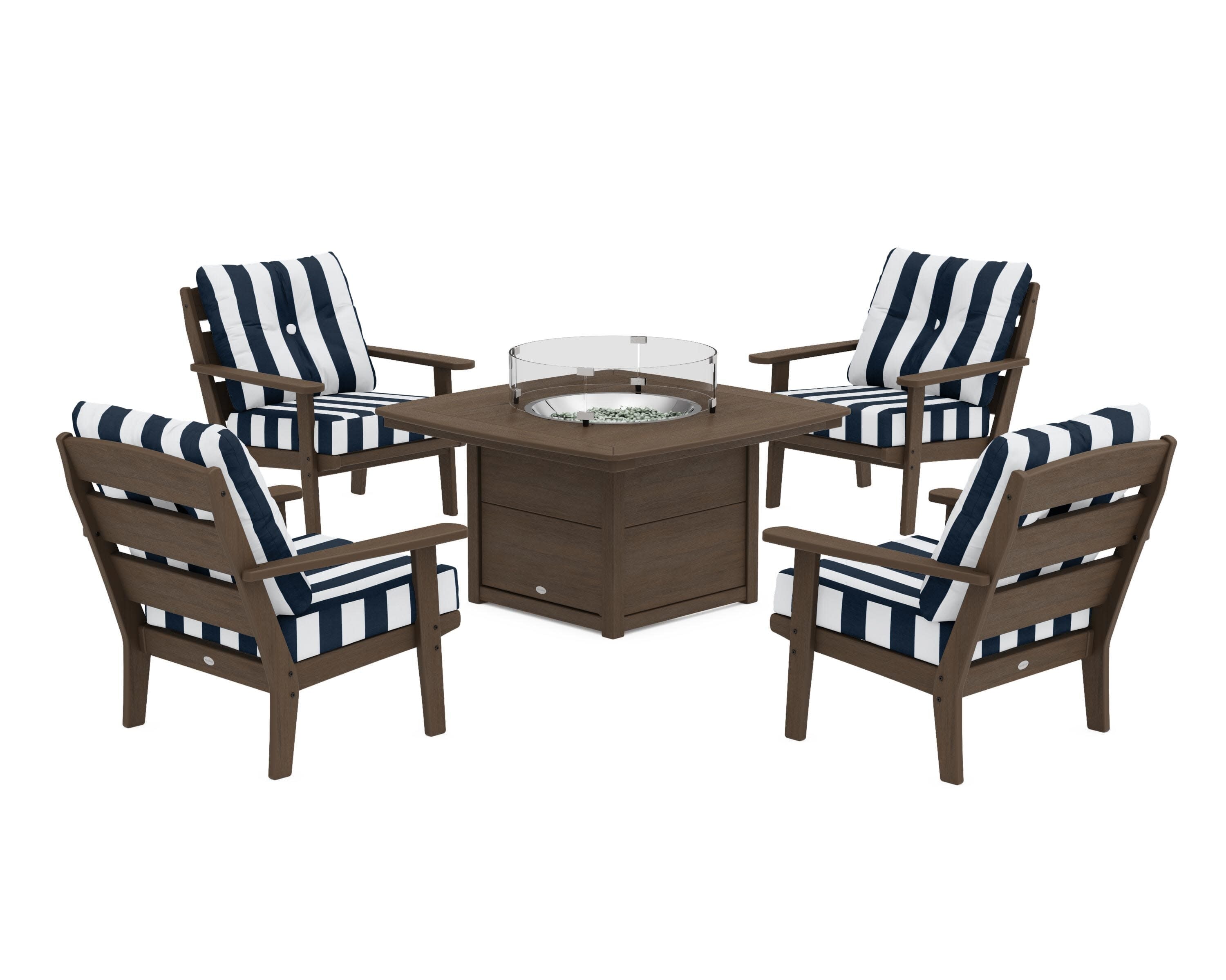 Lakeside 5-Piece Deep Seating Set with Nautical Fire Pit Table in Kona / Cabana Stripe Marine Indigo