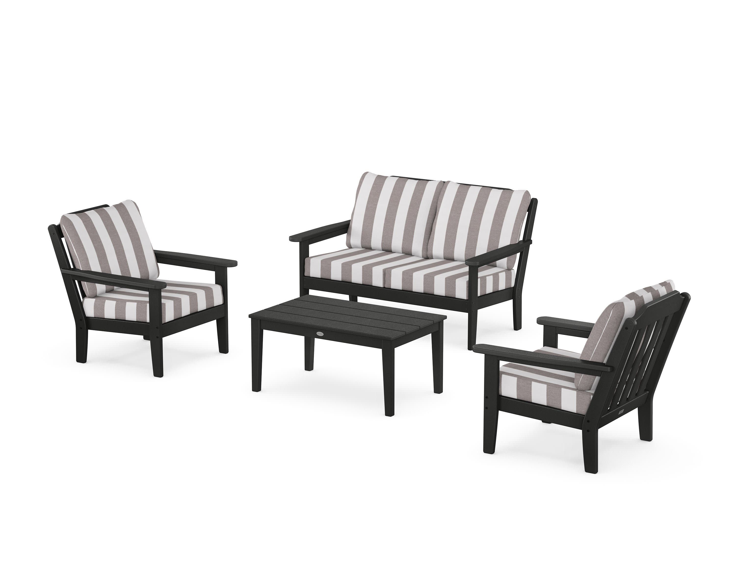 Cottage 4-Piece Deep Seating Set with Loveseat in Black / Cabana Stripe Grey Mist