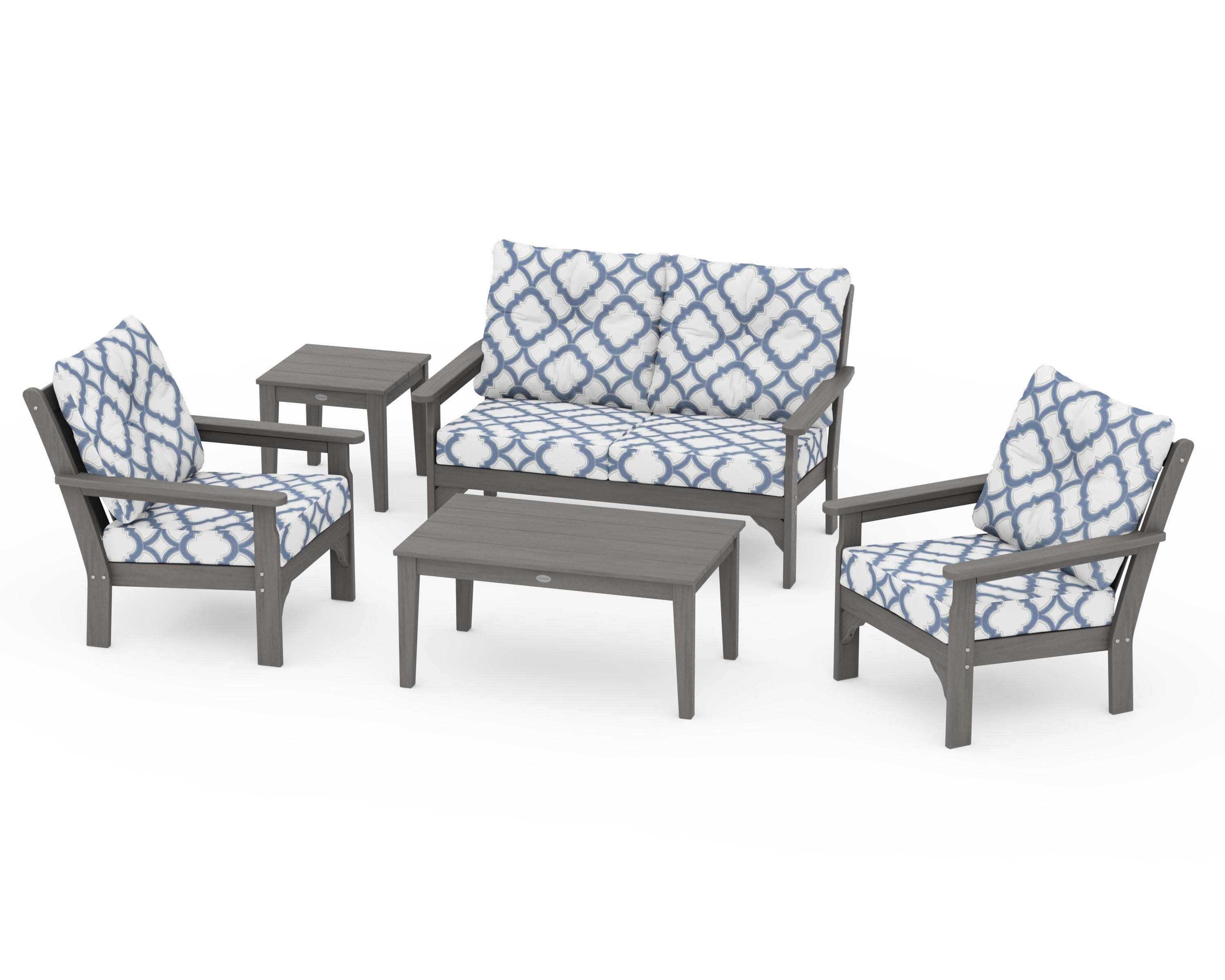 Vineyard 5-Piece Deep Seating Set in Driftwood / Trellis Sky Blue