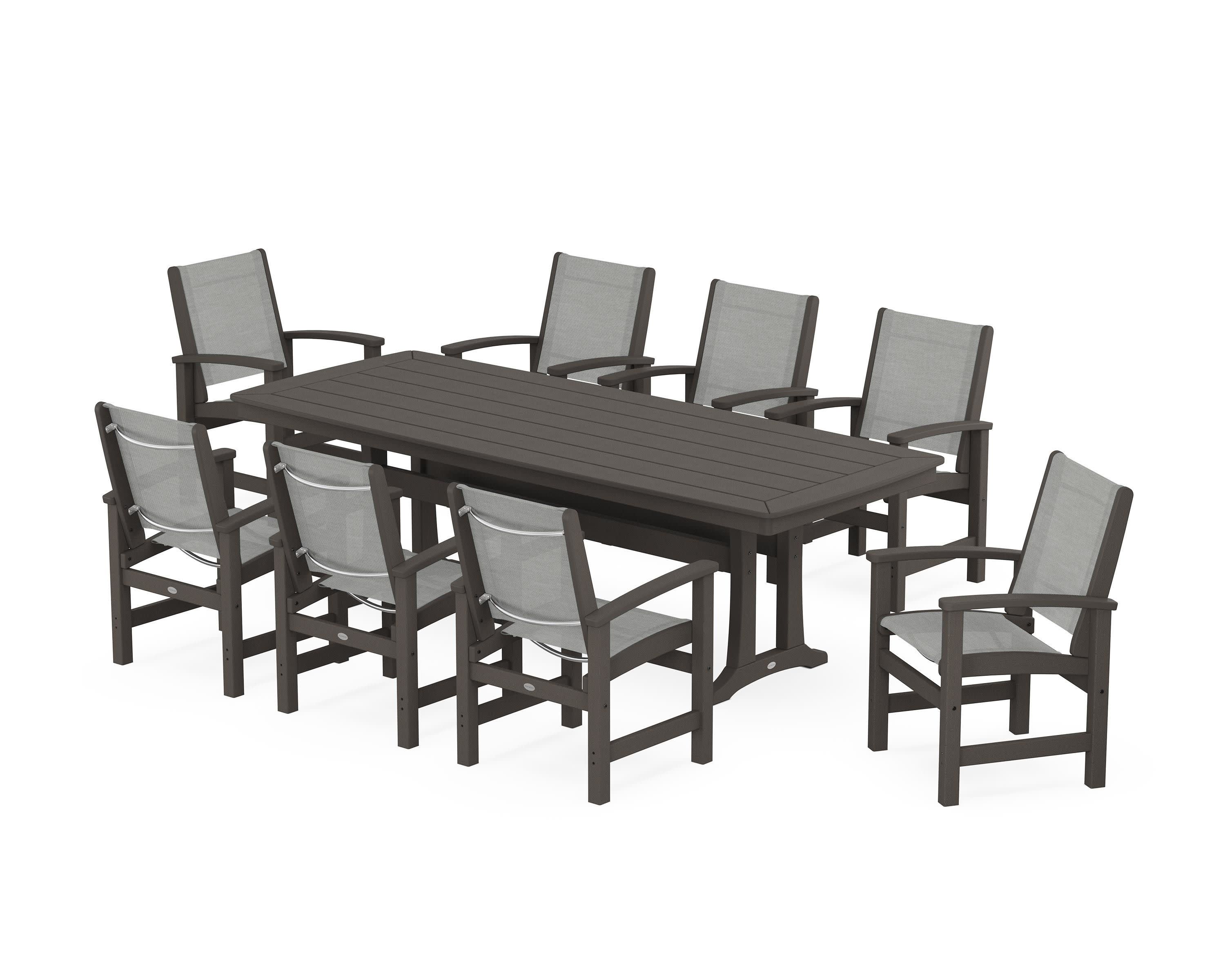 Coastal 9-Piece Dining Set with Trestle Legs in Vintage Coffee / Metallic Sling