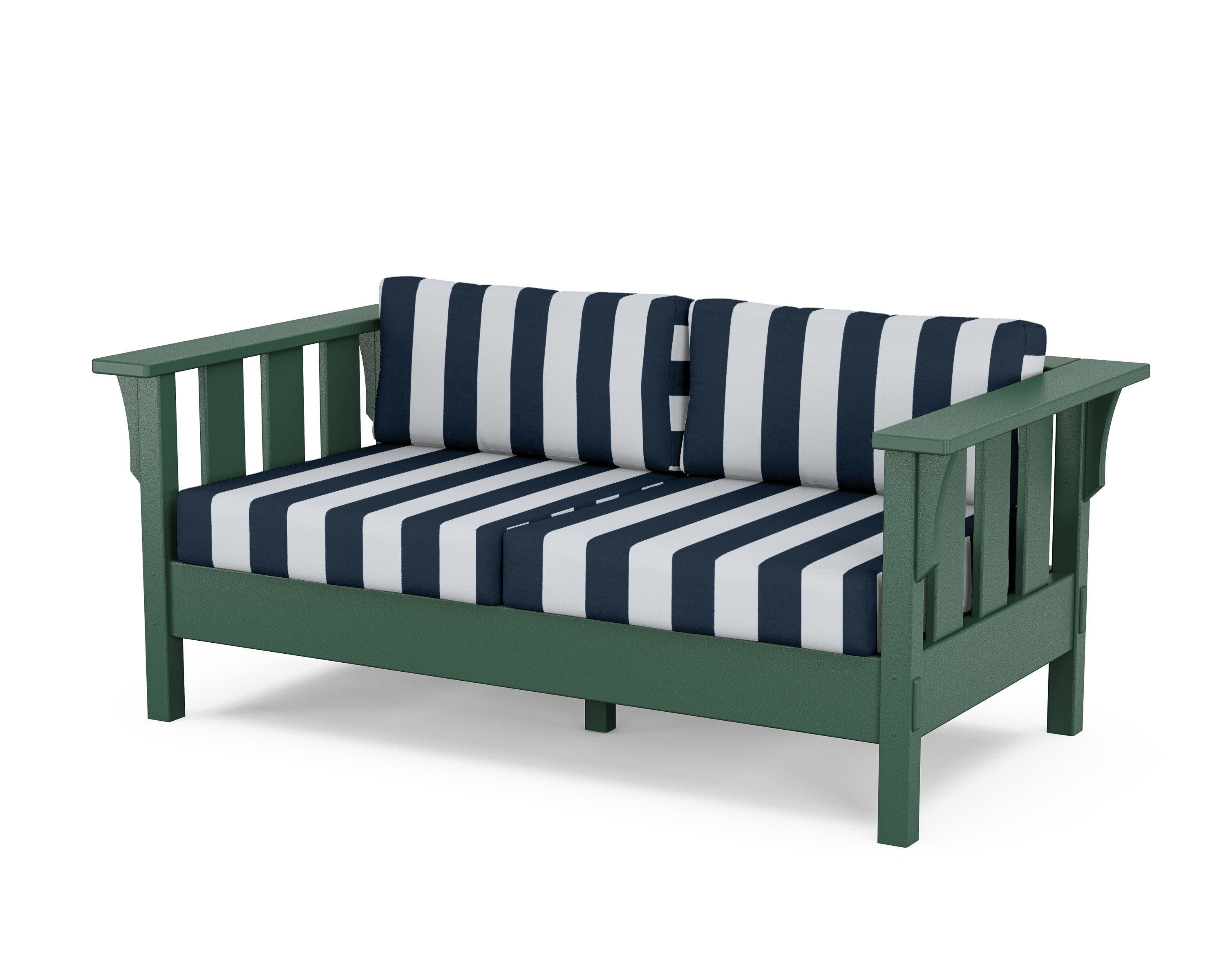 Acadia Deep Seating Loveseat in Green / Cabana Stripe Marine Indigo