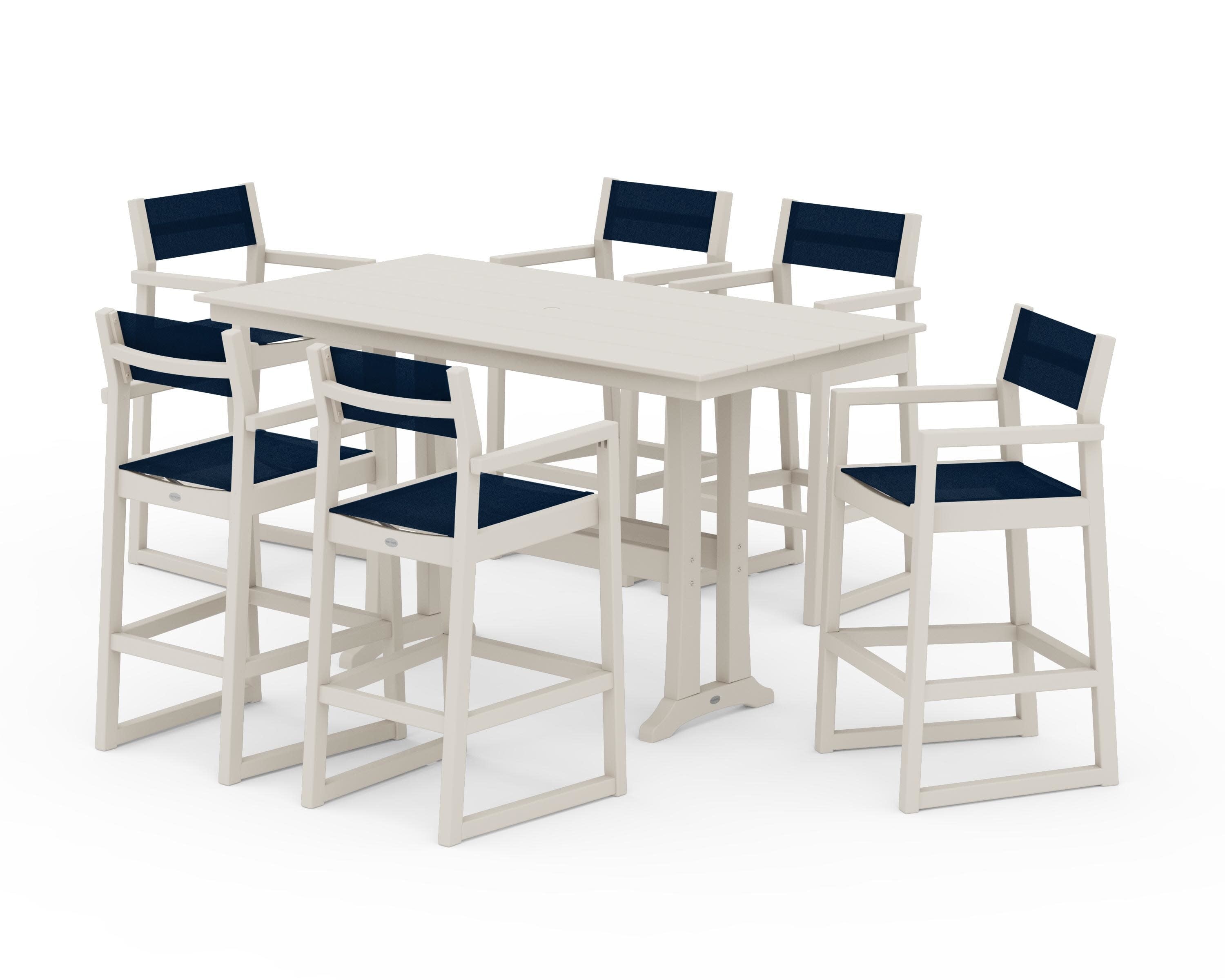 EDGE Sling Arm Chair 7-Piece Farmhouse Bar Set with Trestle Legs in Sand / Navy Blue Sling