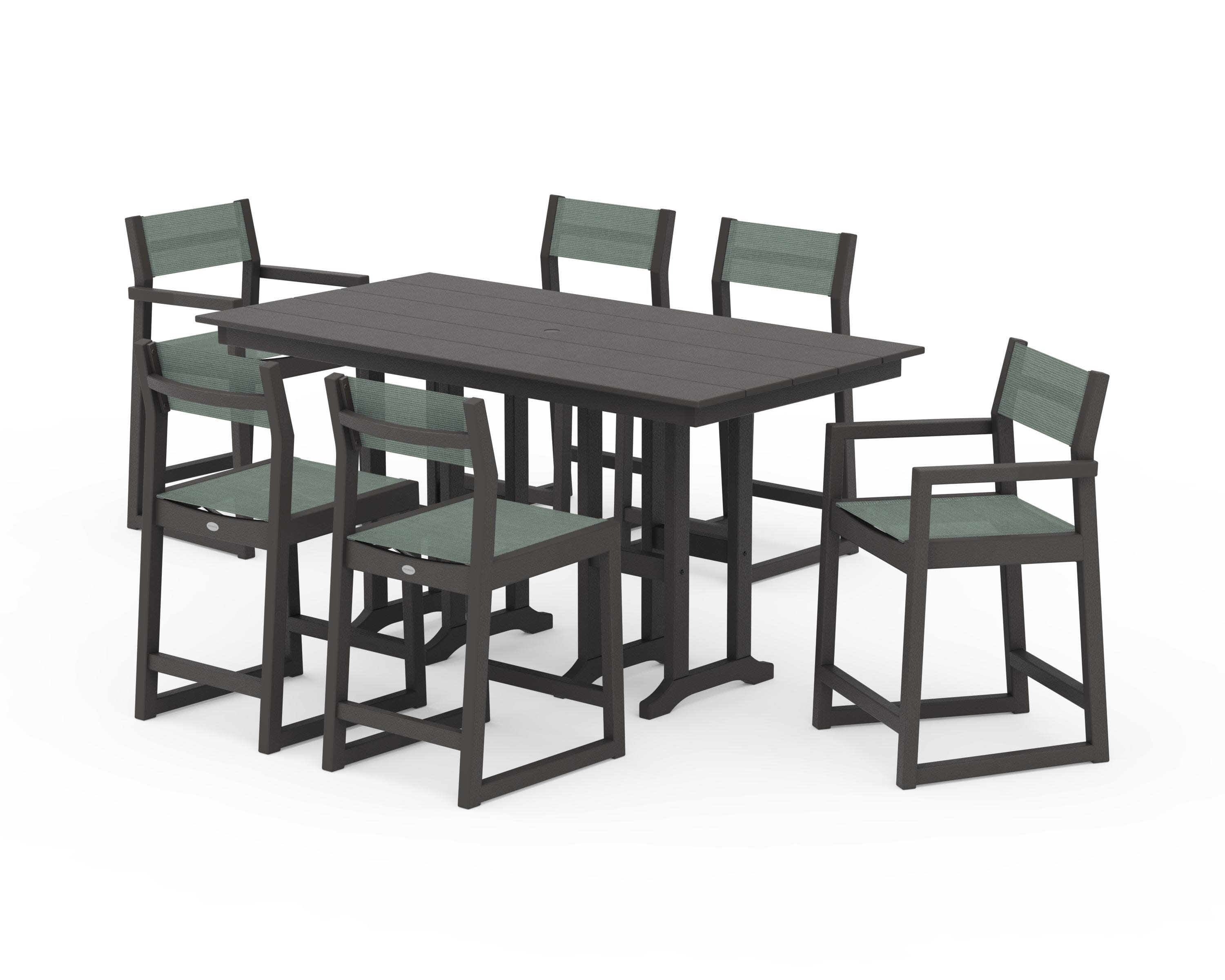 EDGE Sling 7-Piece Farmhouse Counter Set in Vintage Coffee / Dupioni Sea Mist Sling
