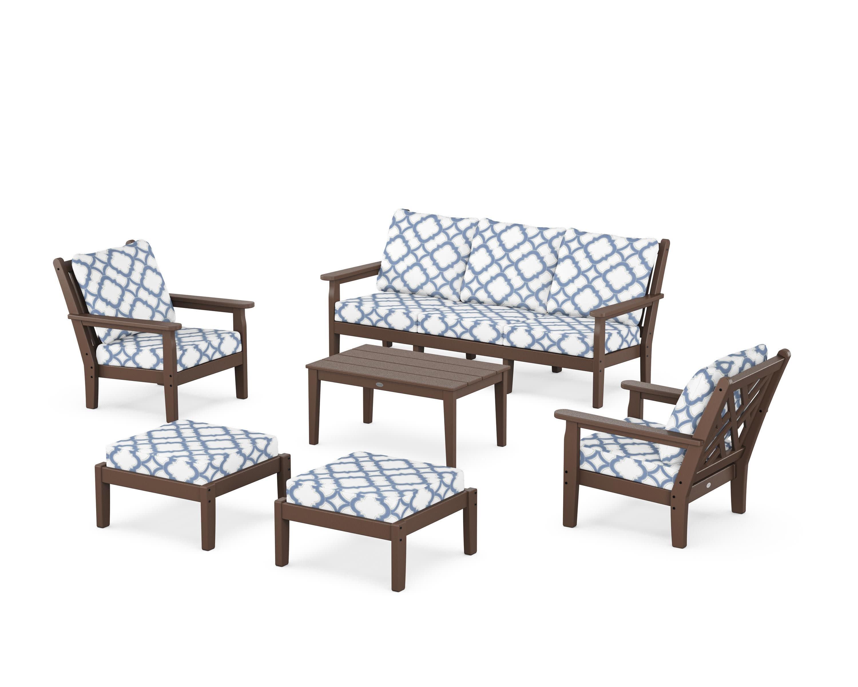Chippendale 6-Piece Lounge Sofa Set in Mahogany / Trellis Sky Blue