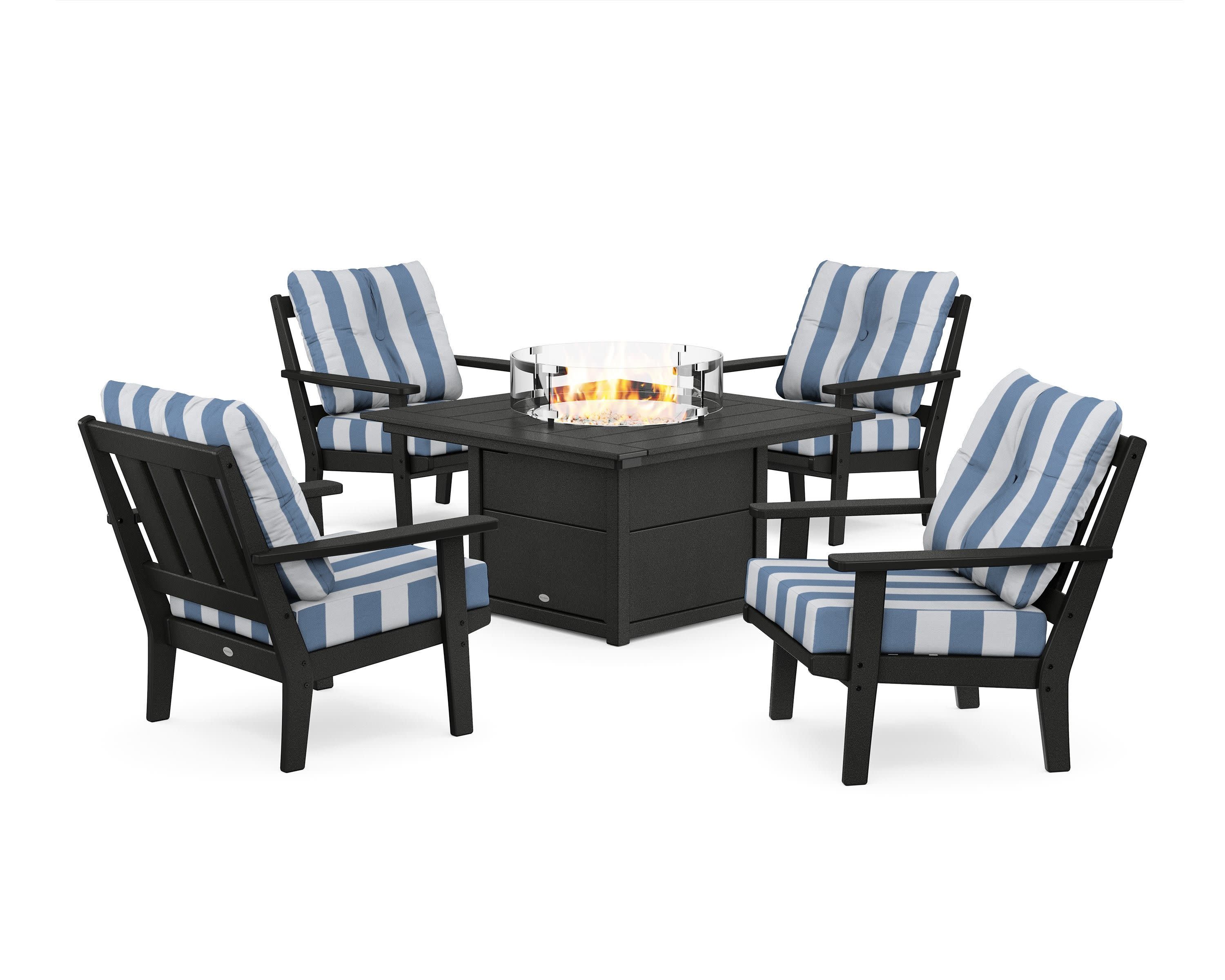 Oxford 5-Piece Deep Seating Set with Fire Pit Table in Black / Cabana Stripe Sky Blue