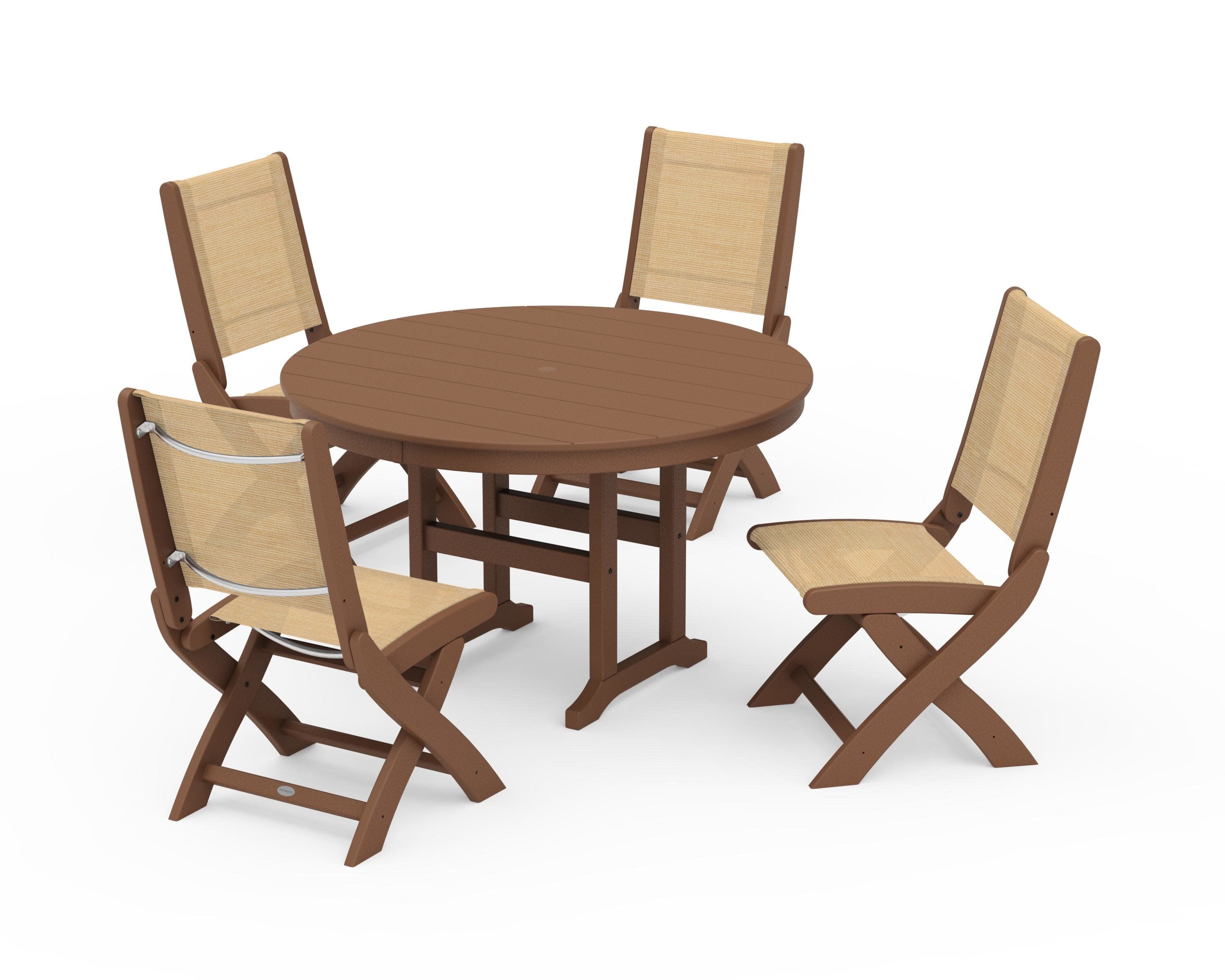 Coastal Folding Side Chair 5-Piece Round Dining Set in Teak / Dupioni Apricot Sling