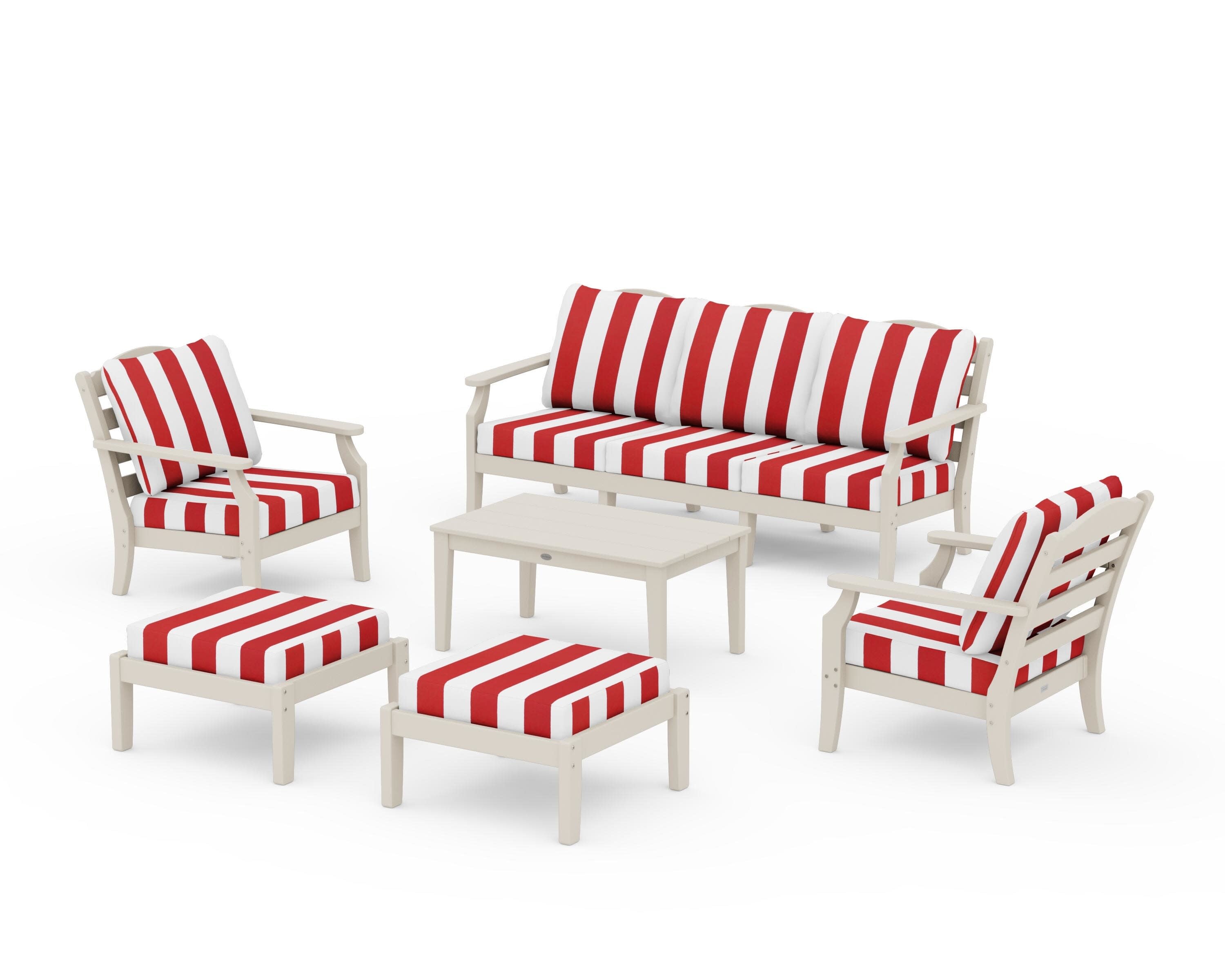 Savannah 6-Piece Lounge Sofa Set in Sand / Cabana Stripe Crimson