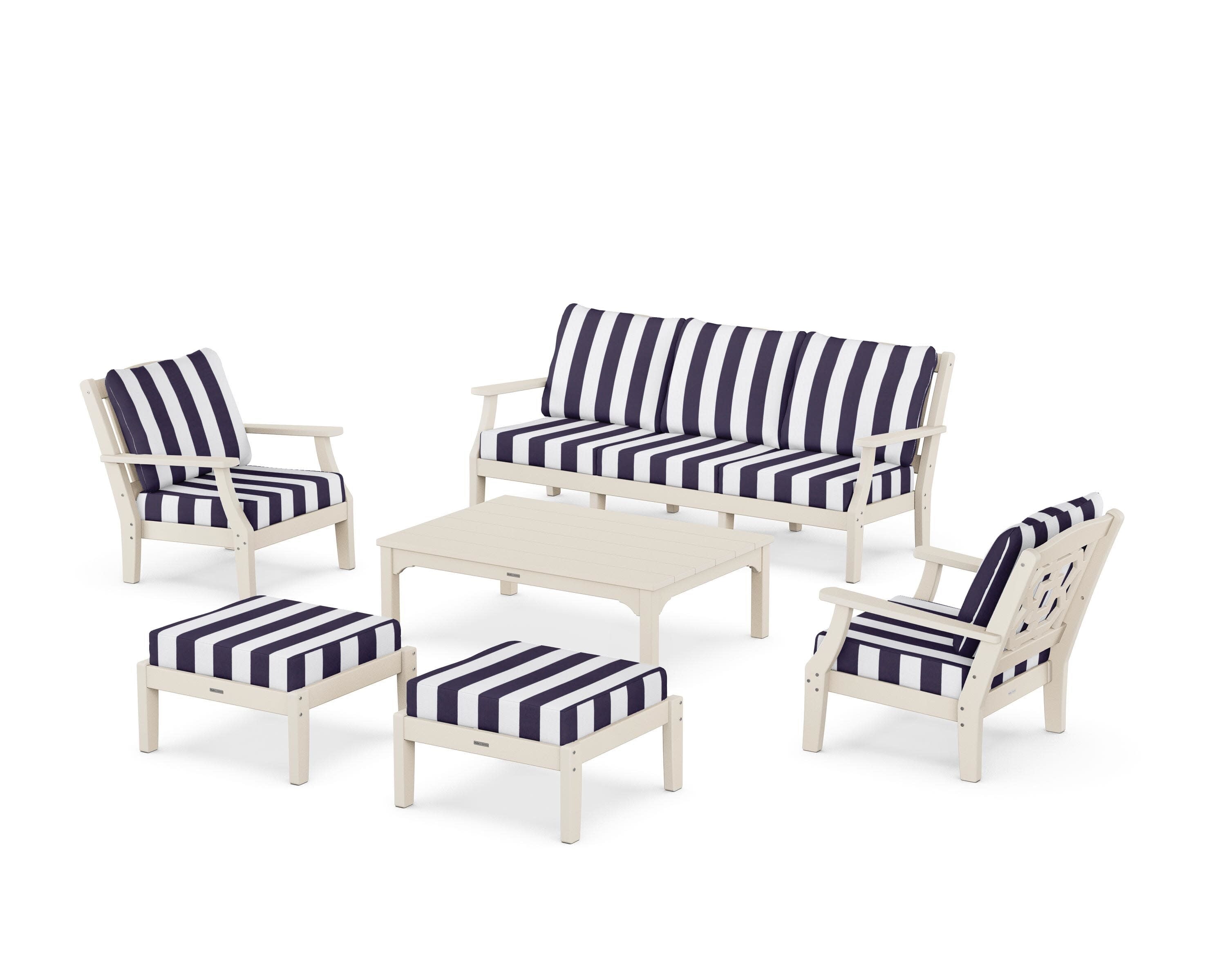 Chinoiserie 6-Piece Lounge Sofa Set in Sand / Cabana Stripe Navy