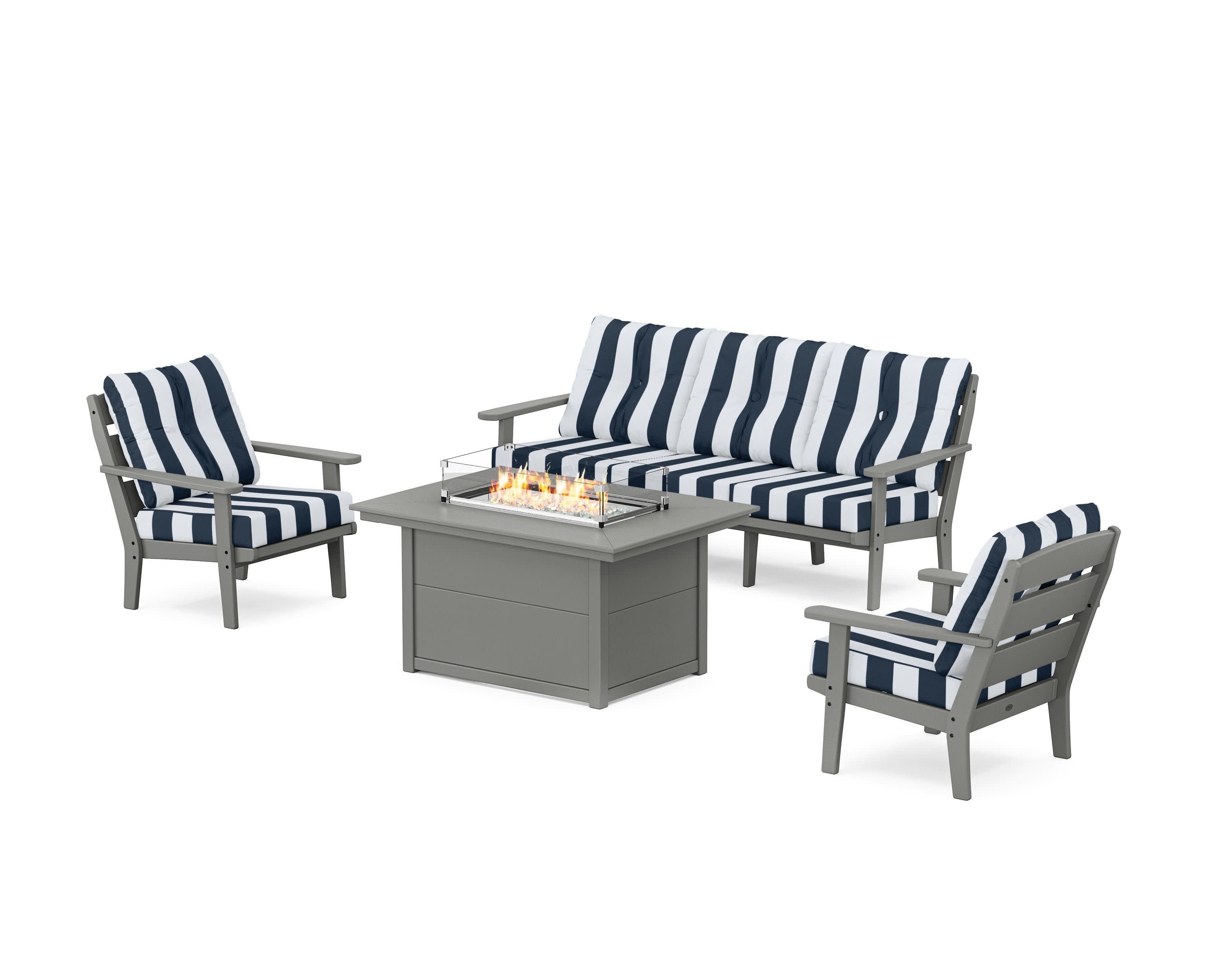 Lakeside Deep Seating Fire Pit Table Set in Slate Grey / Cabana Stripe Marine Indigo