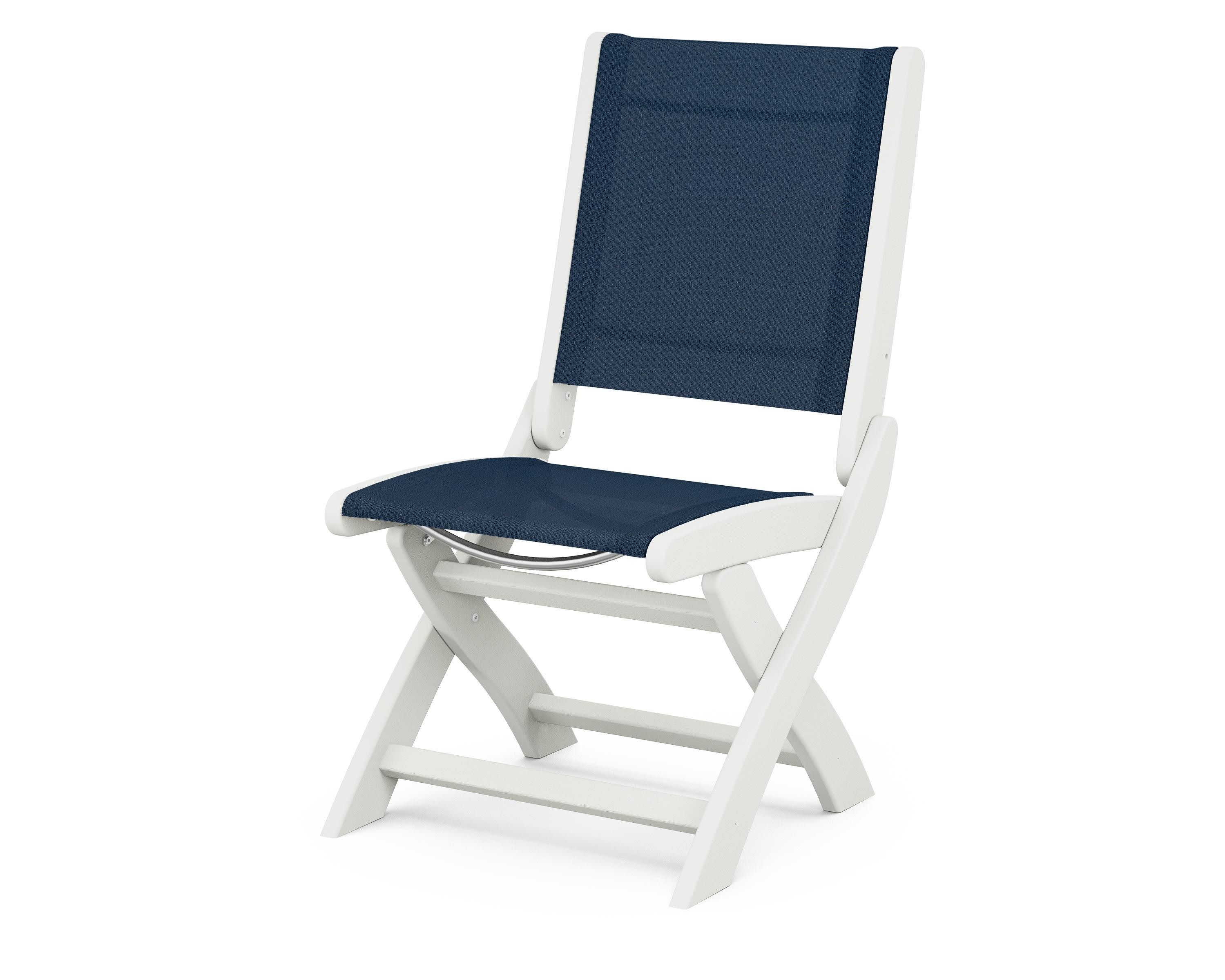 Coastal Folding Side Chair in Vintage White / Navy Blue Sling