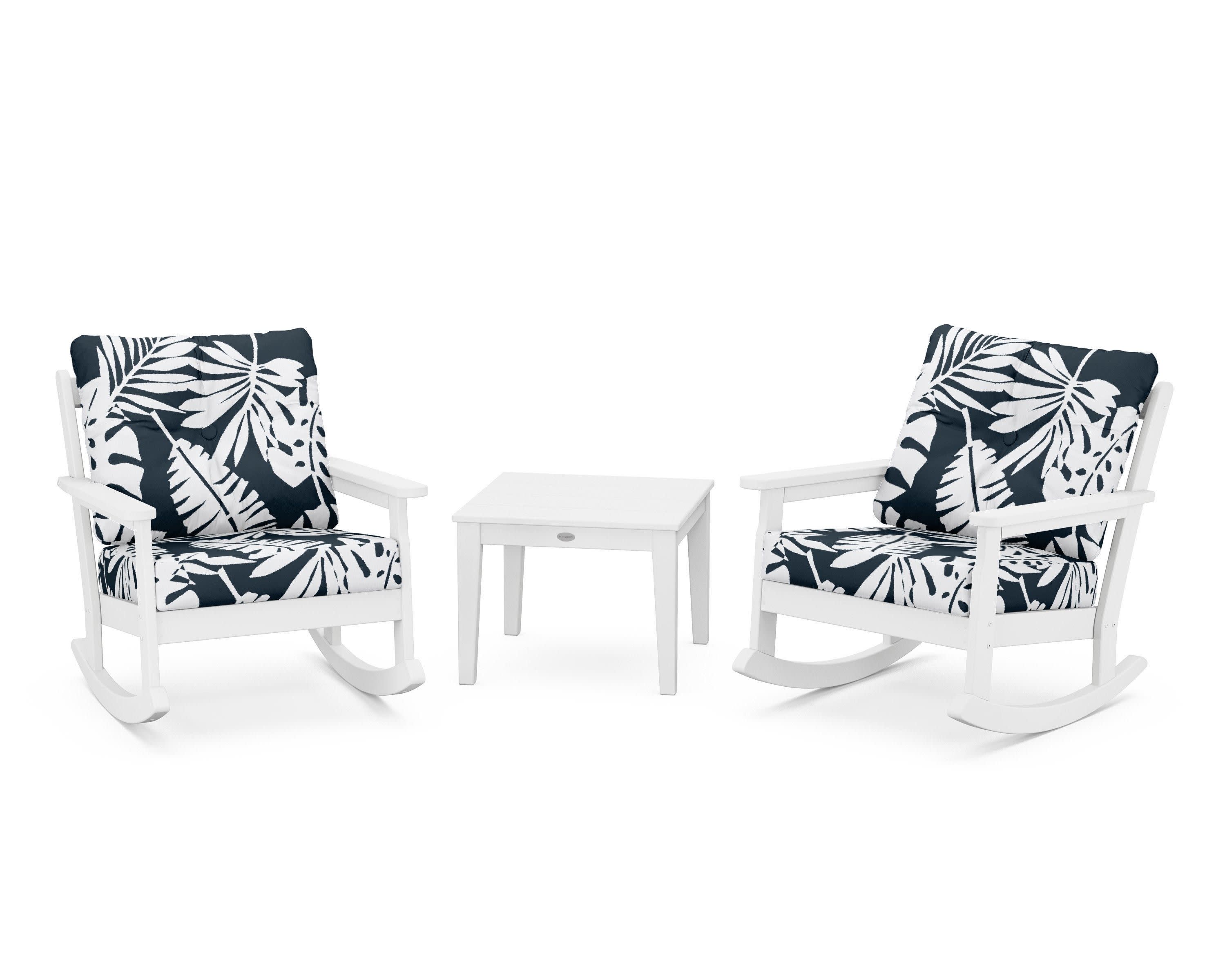Vineyard 3-Piece Deep Seating Rocker Set in White / Leaf Marine Indigo