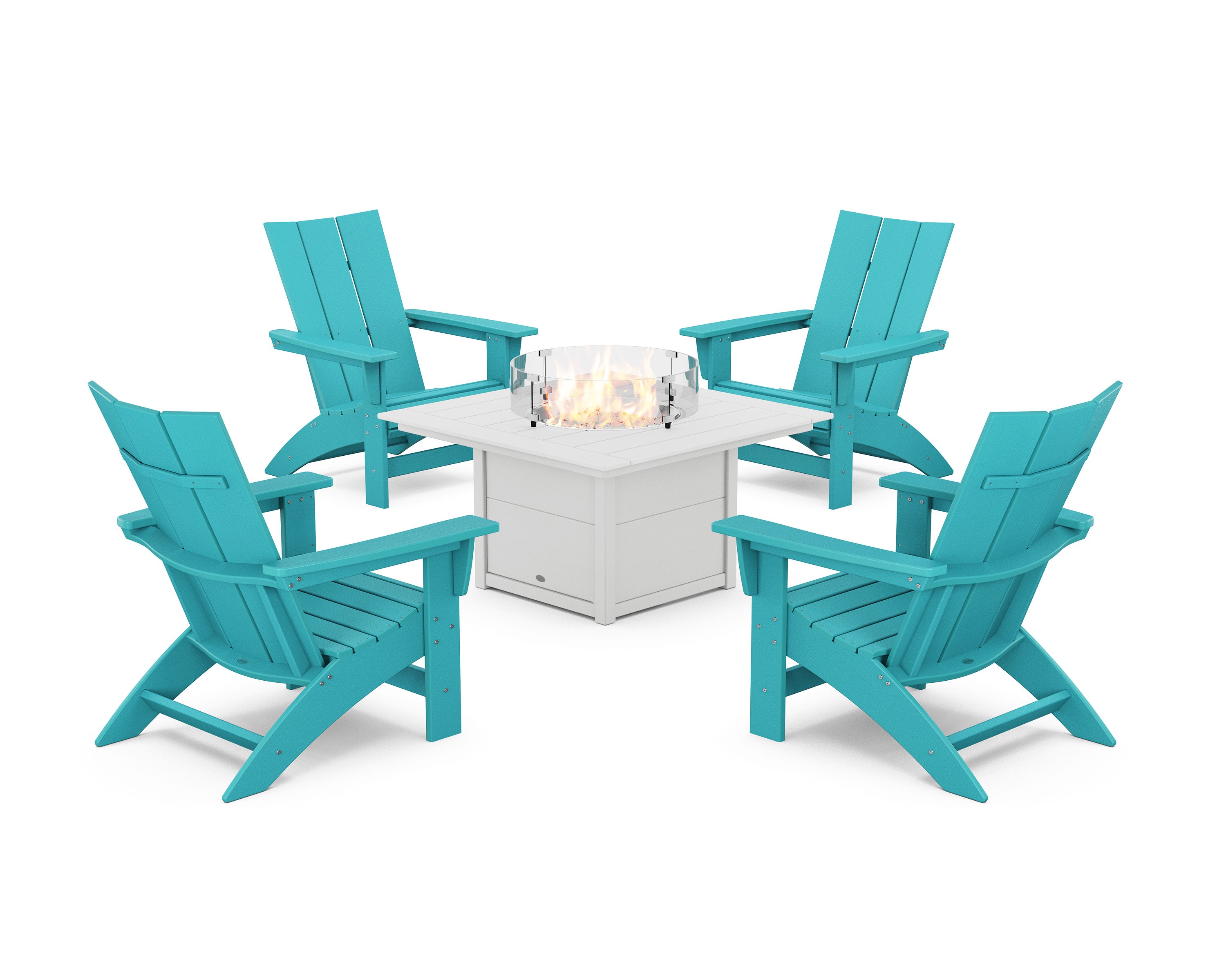 5-Piece Modern Grand Adirondack Conversation Set with Fire Pit Table in Aruba / White