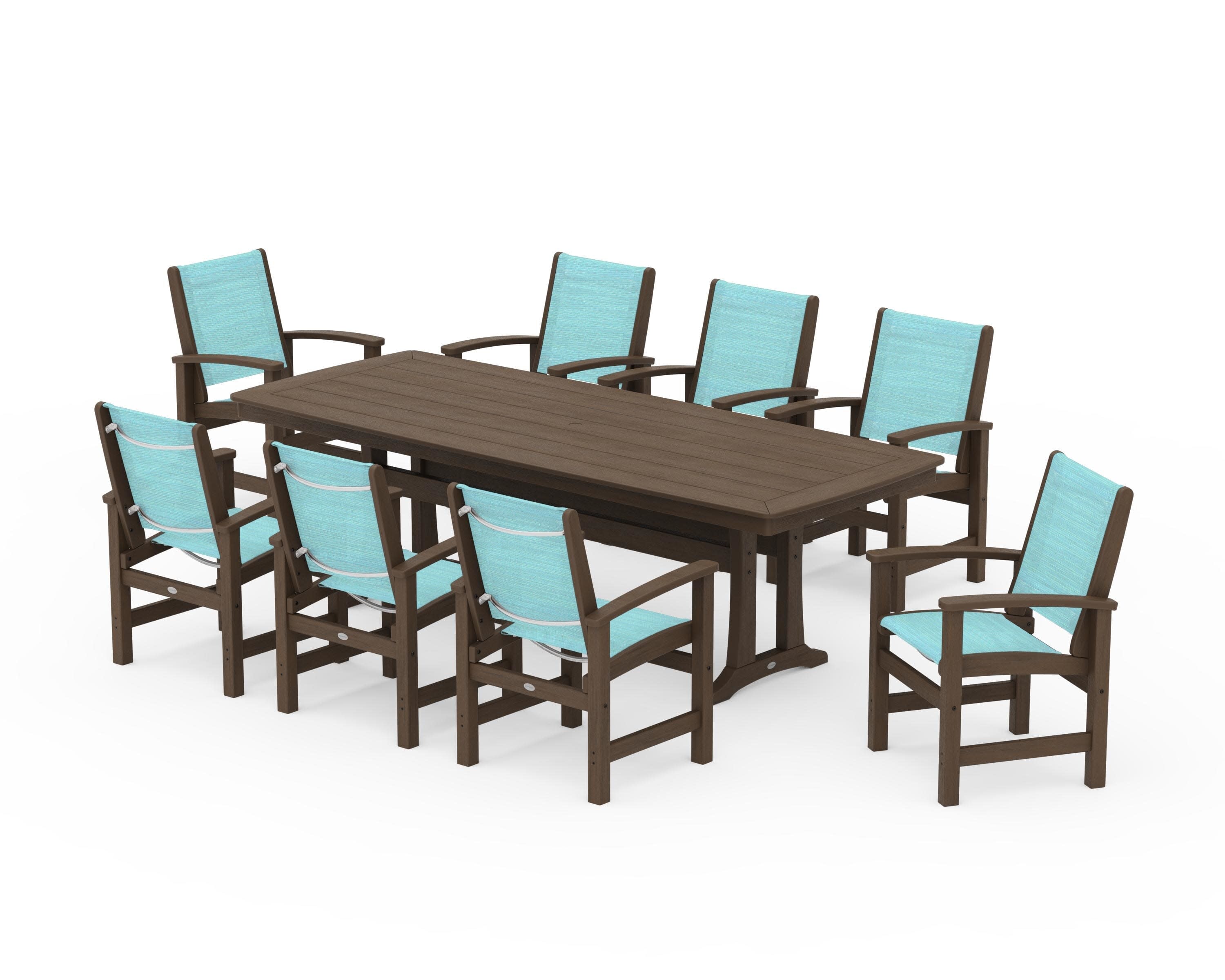 Coastal 9-Piece Dining Set with Trestle Legs in Kona / Dupioni Aquamarine Sling