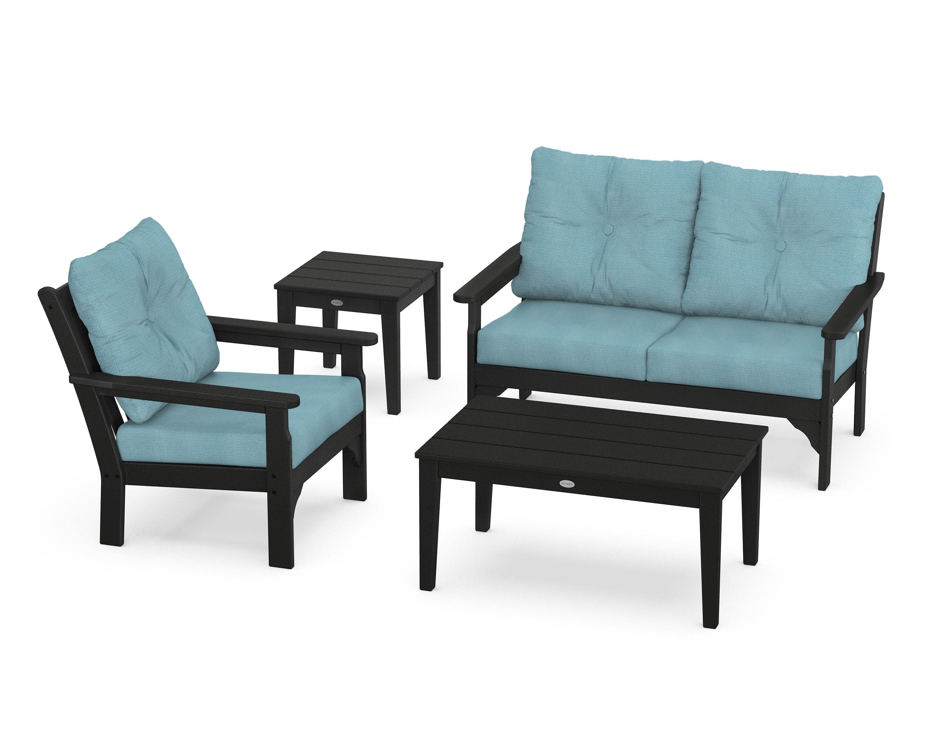 Vineyard 4-Piece Deep Seating Set in Black / Lattice Sky Blue