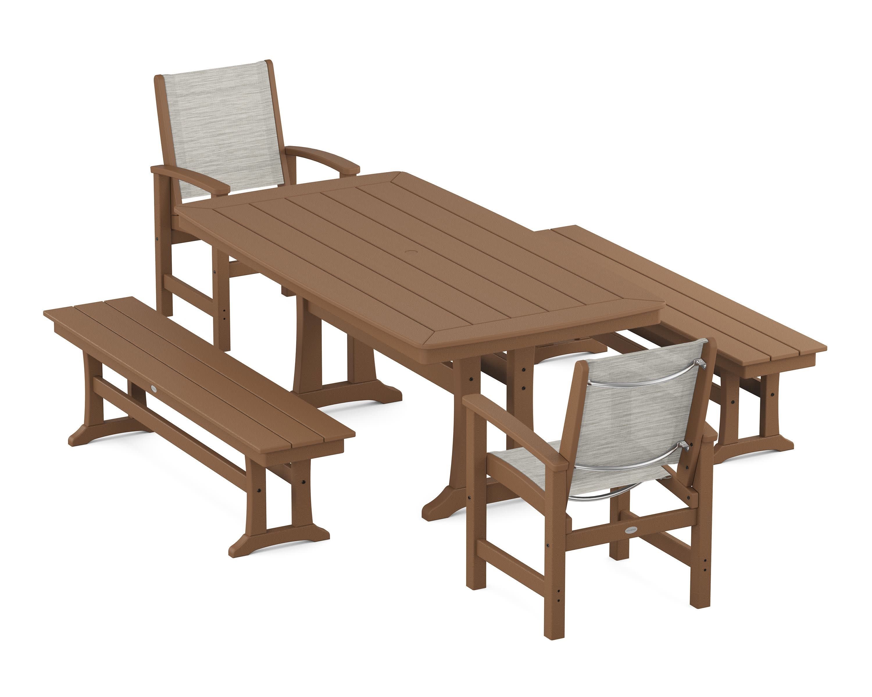 Coastal 5-Piece Dining Set with Trestle Legs and Benches in Teak / Birch Sling