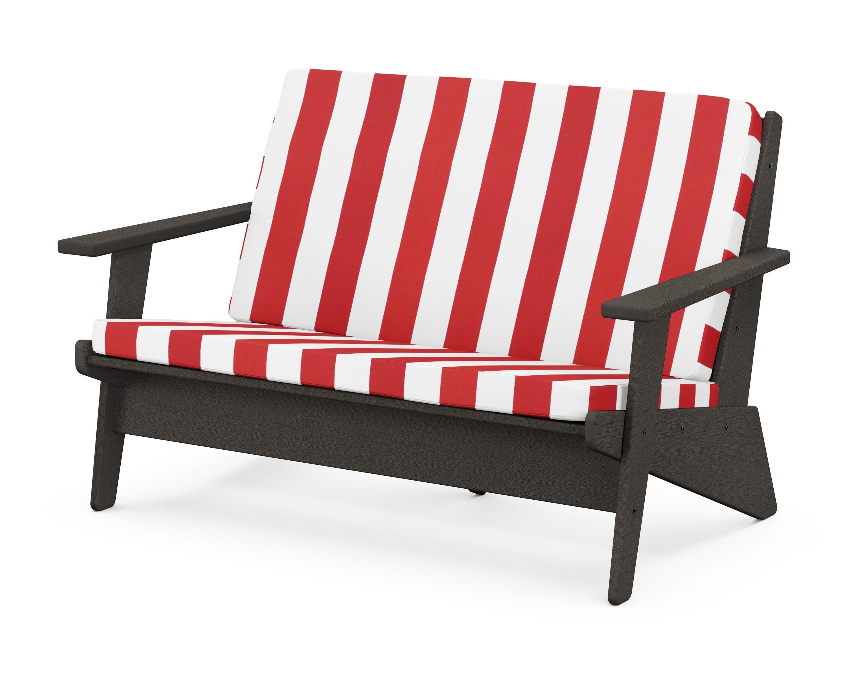 Riviera Modern Lounge Loveseat in Vintage Coffee / Cabana Stripe Crimson