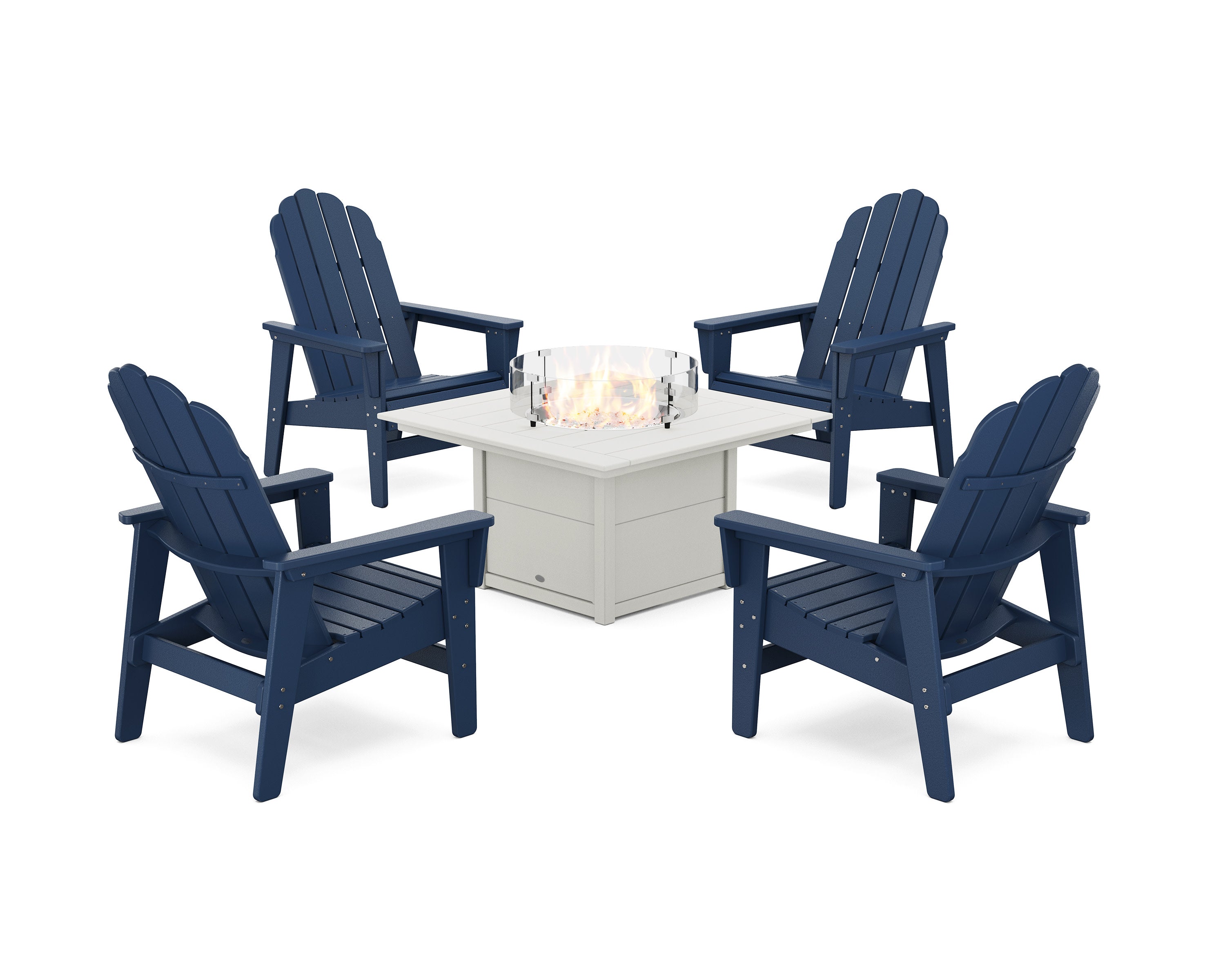 5-Piece Vineyard Grand Upright Adirondack Conversation Set with Fire Pit Table in Navy / White