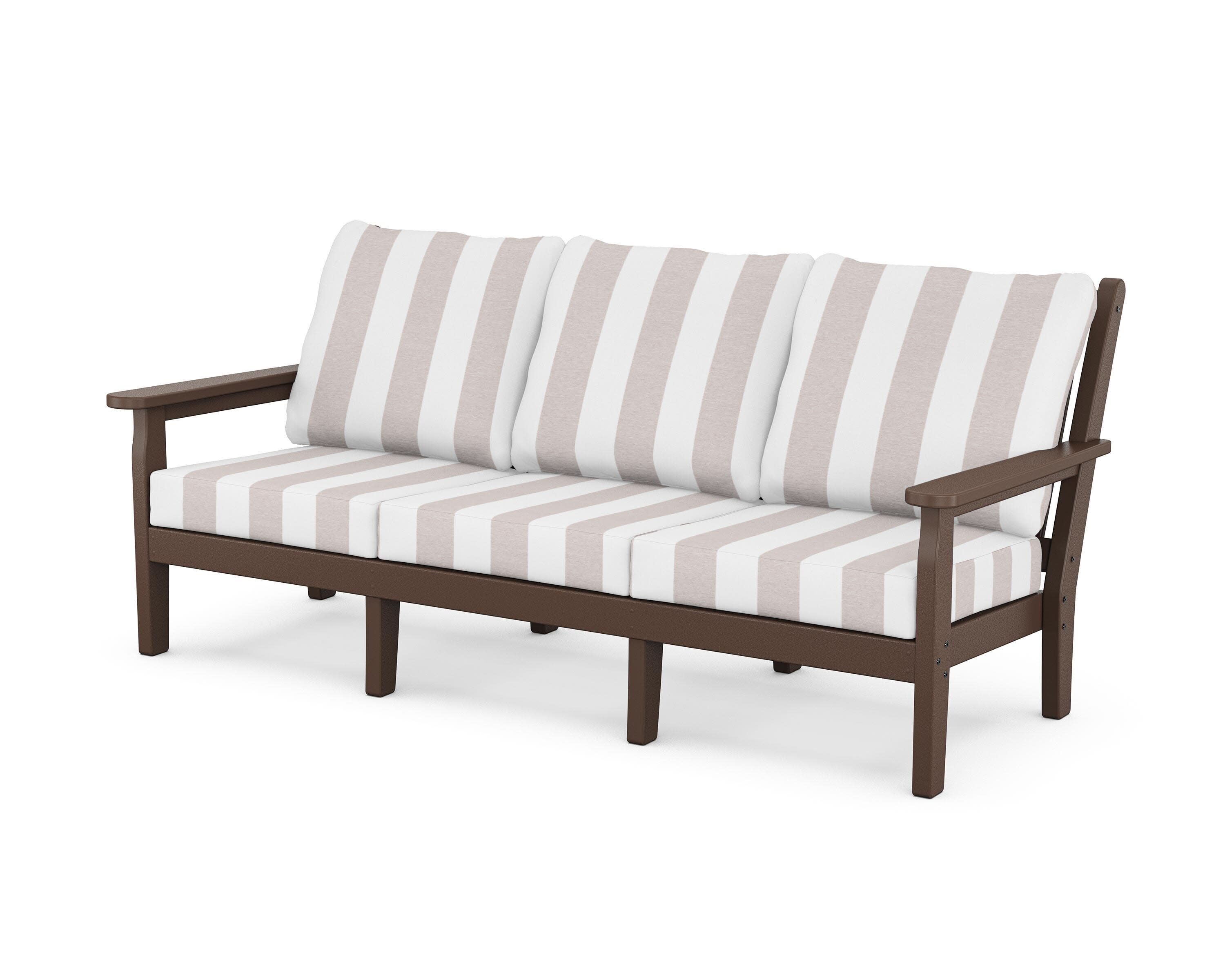 Chippendale Deep Seating Sofa in Mahogany / Cabana Stripe Dune Burlap