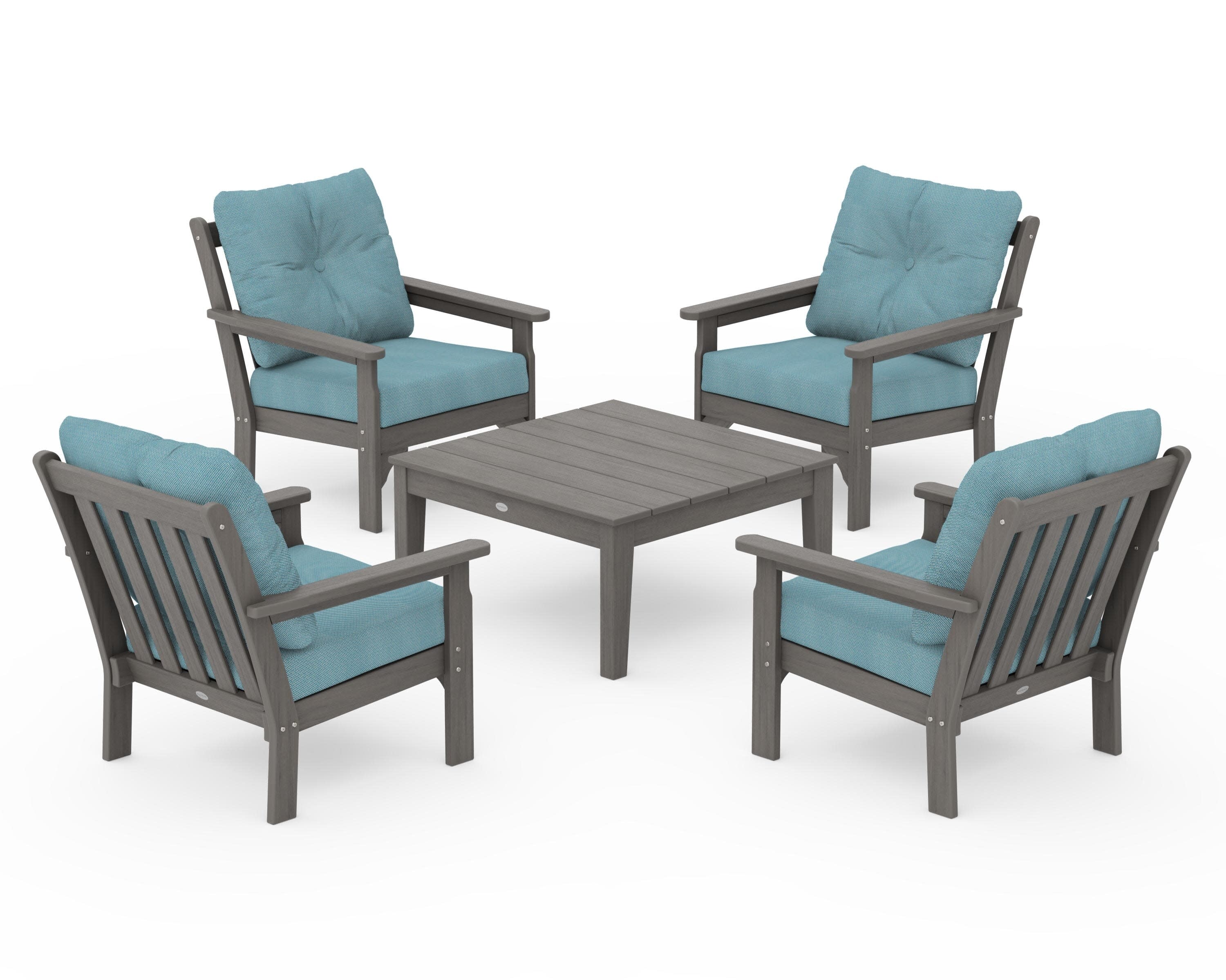 Vineyard 5-Piece Deep Seating Conversation Set in Driftwood / Lattice Sky Blue