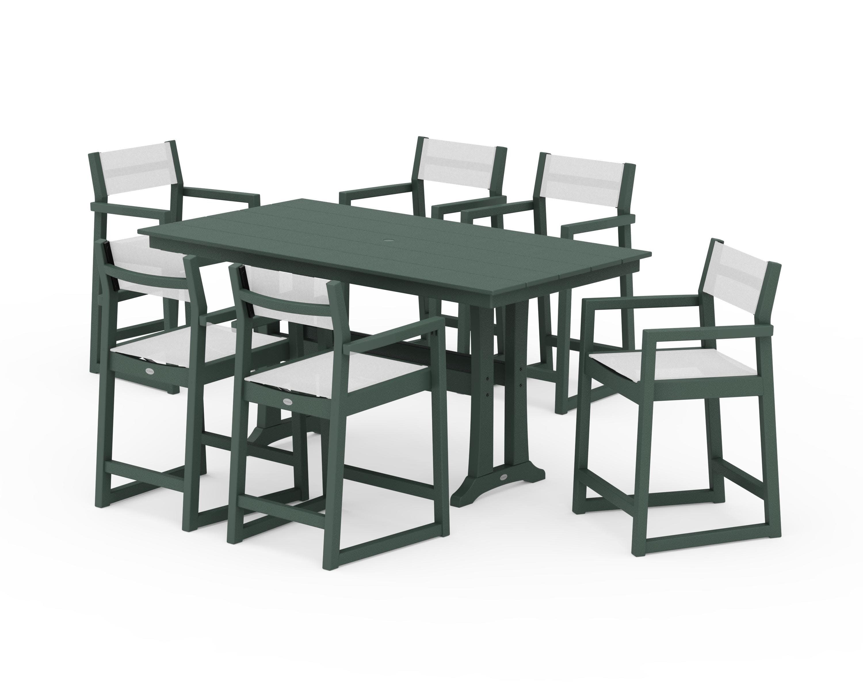 EDGE Sling Arm Chair 7-Piece Farmhouse Counter Set with Trestle Legs in Green / White Sling