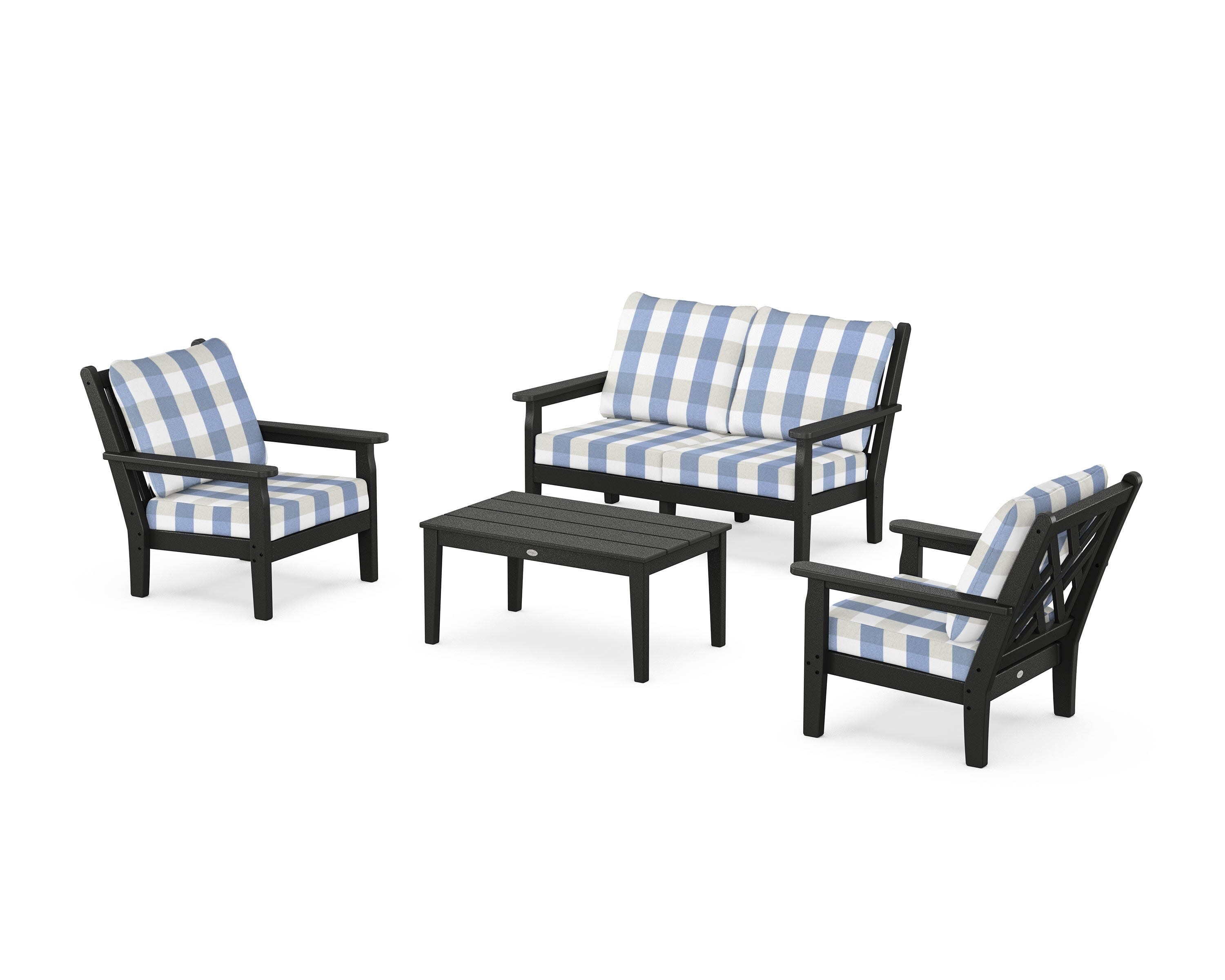 Chippendale 4-Piece Deep Seating Set with Loveseat in Black / Buffalo Plaid Sky Blue