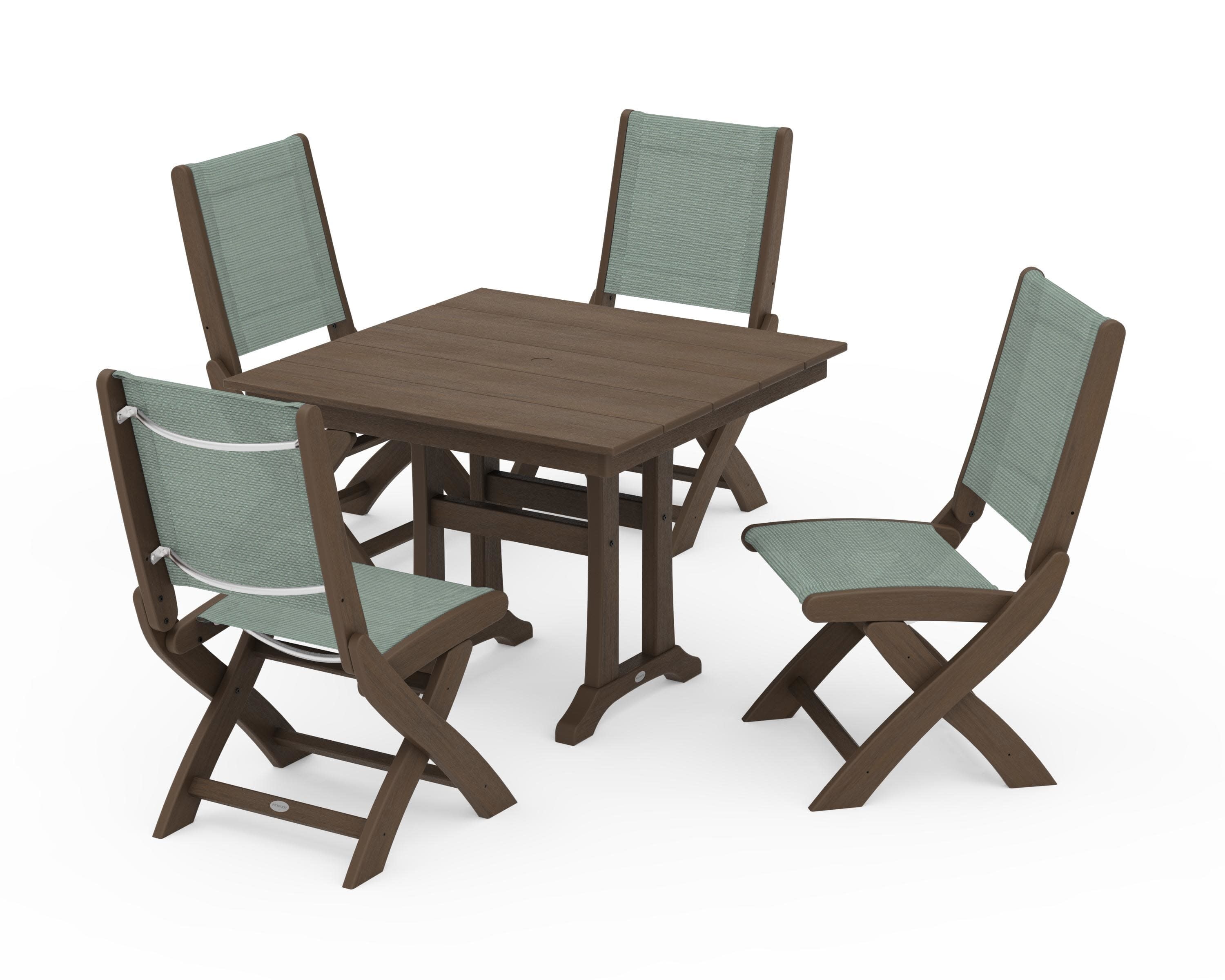 Coastal Folding Side Chair 5-Piece Farmhouse Dining Set With Trestle Legs in Kona / Dupioni Sea Mist Sling
