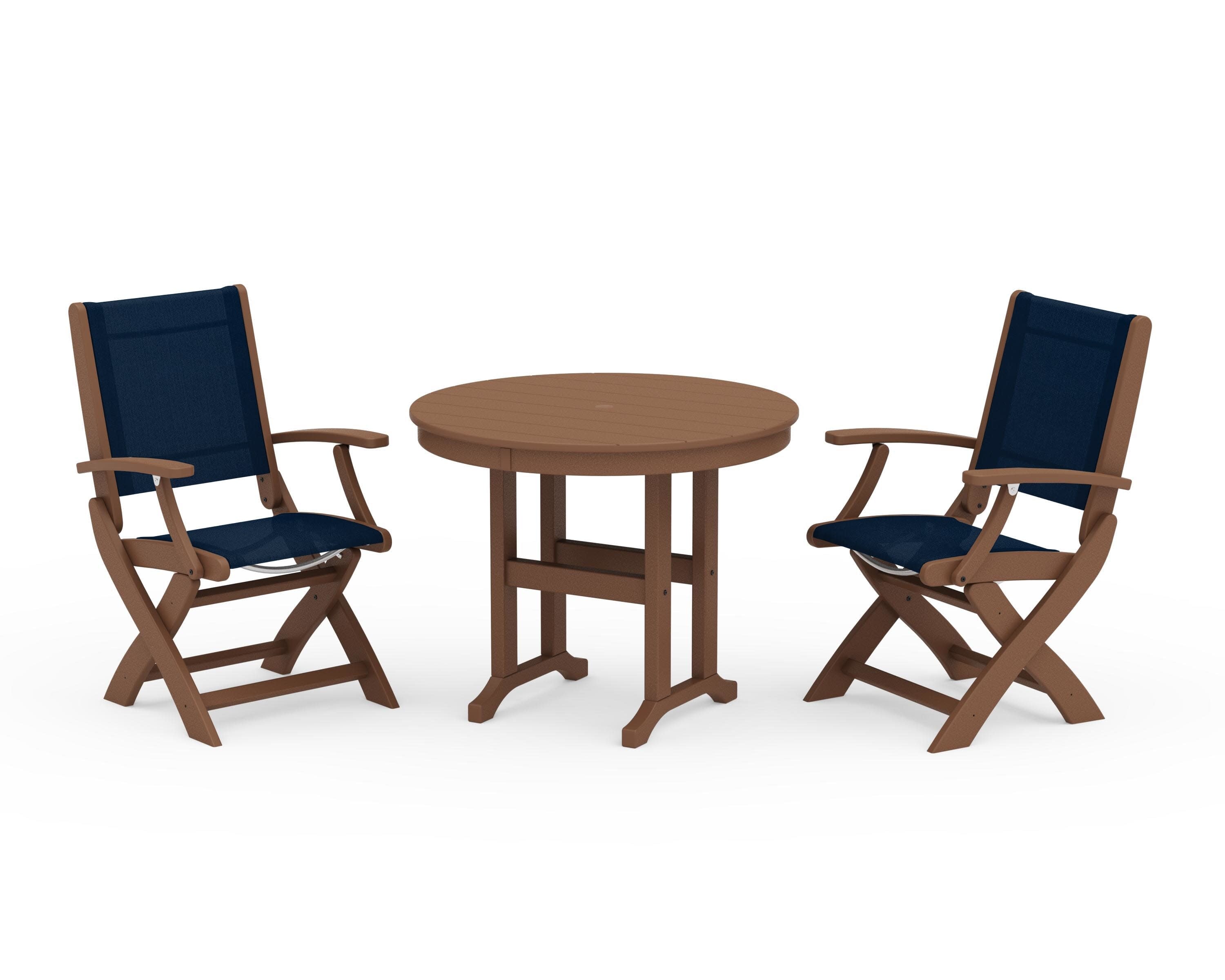 Coastal Folding Chair 3-Piece Round Dining Set in Teak / Navy Blue Sling