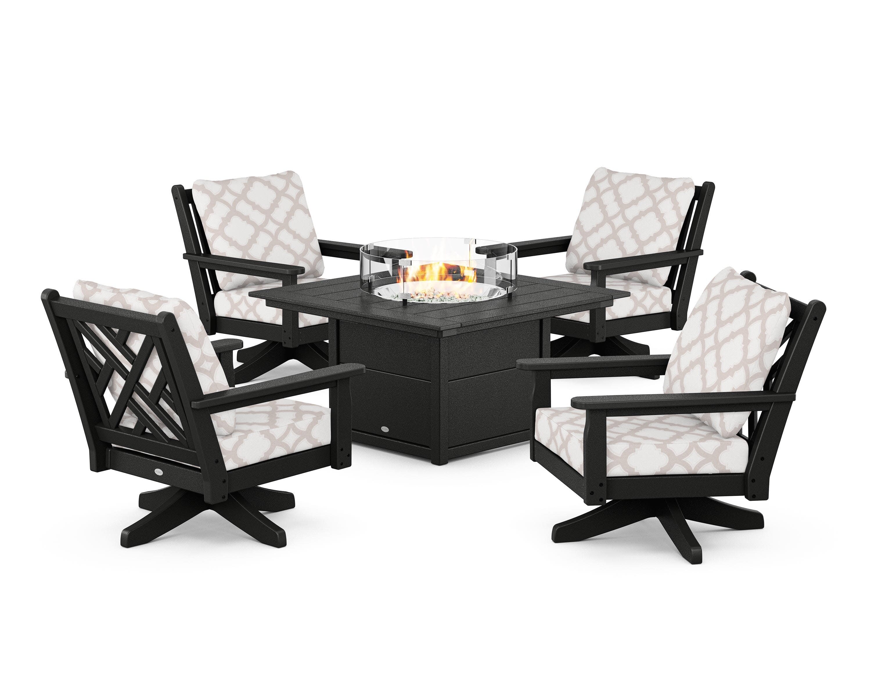 Chippendale 5-Piece Deep Seating Swivel Conversation Set with Fire Pit Table in Black / Trellis Dune Burlap