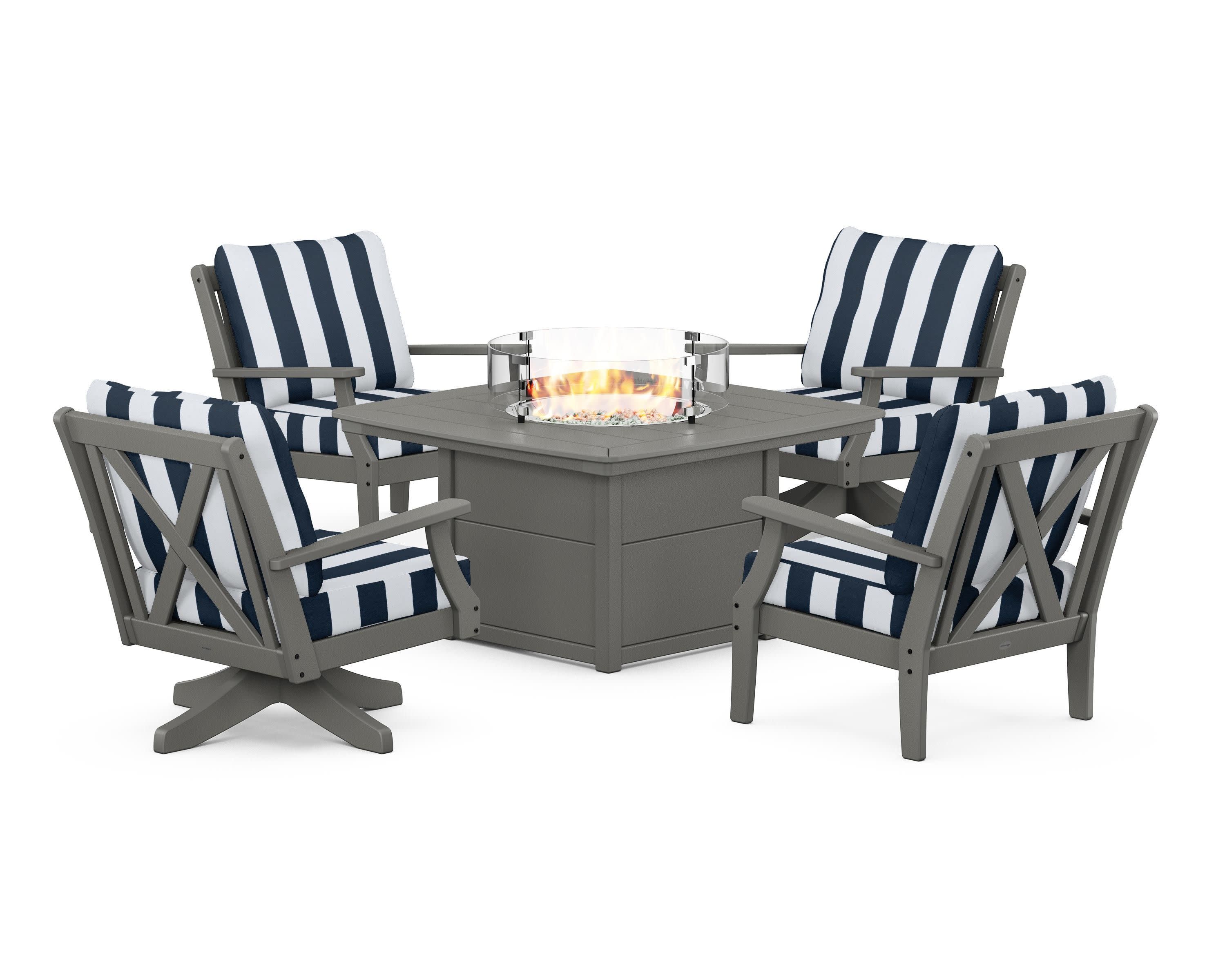 Braxton 5-Piece Deep Seating Set with Fire Table in Slate Grey / Cabana Stripe Marine Indigo