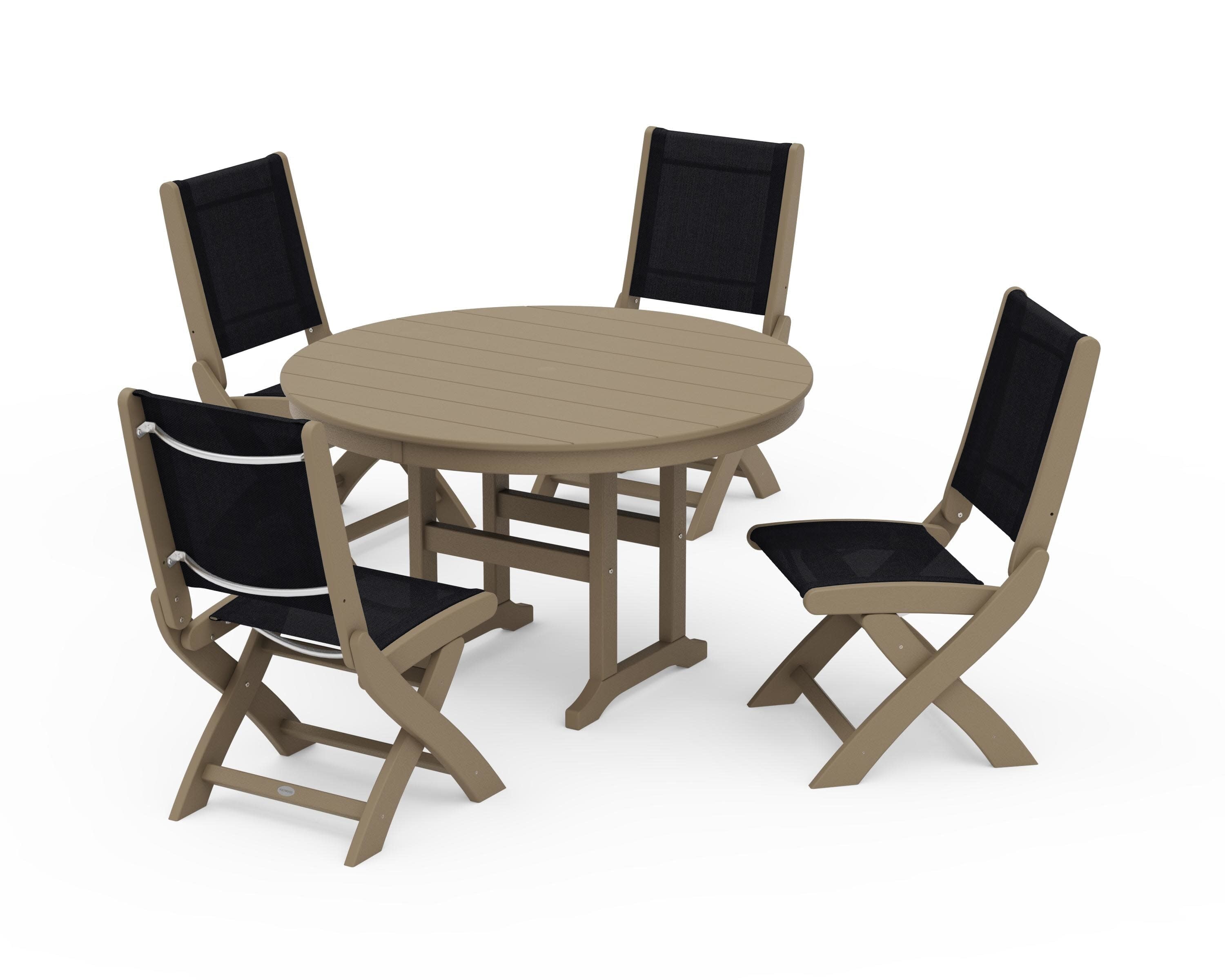 Coastal Folding Side Chair 5-Piece Round Dining Set in Vintage Sahara / Black Sling