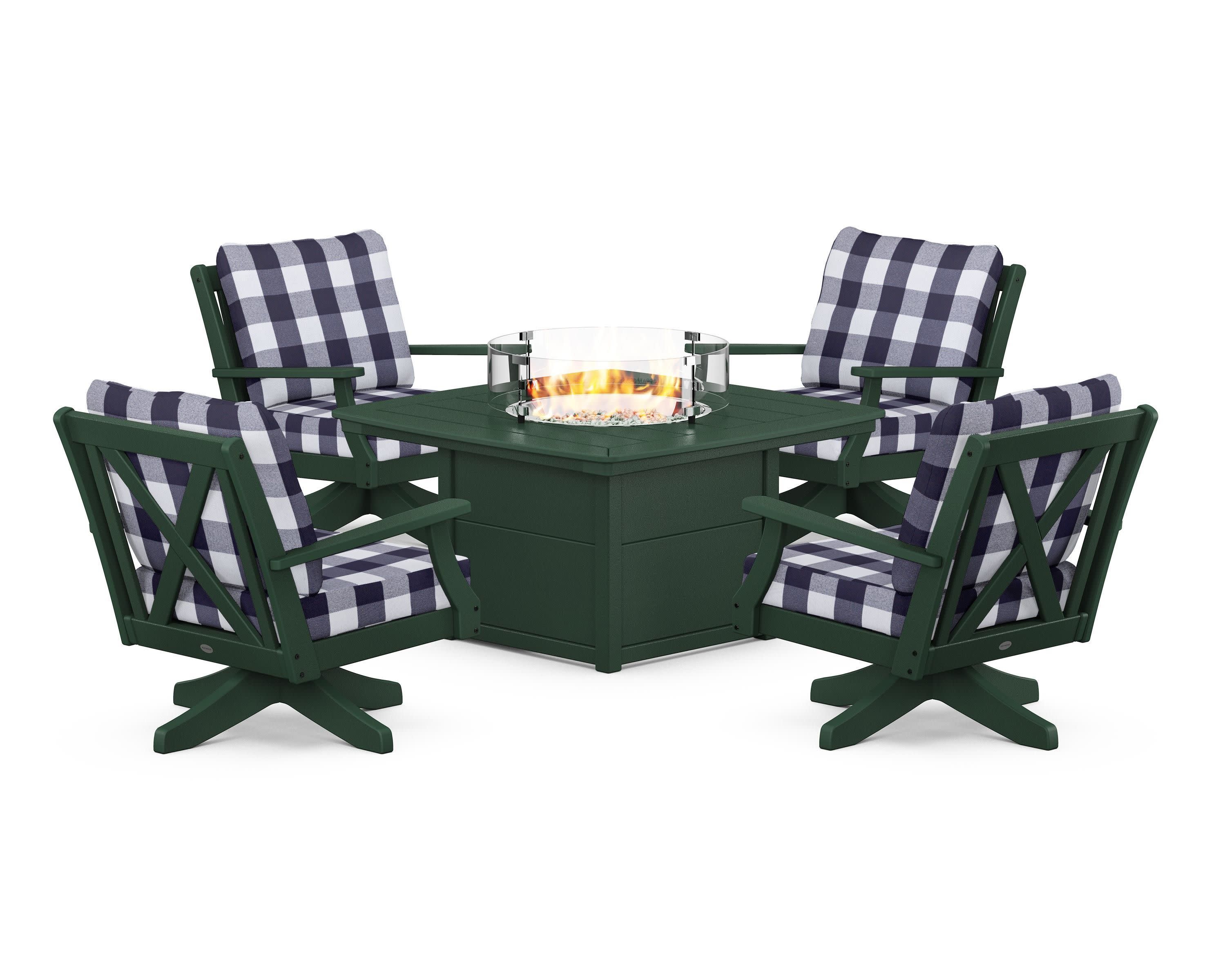 Braxton 5-Piece Deep Seating Swivel Conversation Set with Fire Pit Table in Green / Buffalo Plaid Navy