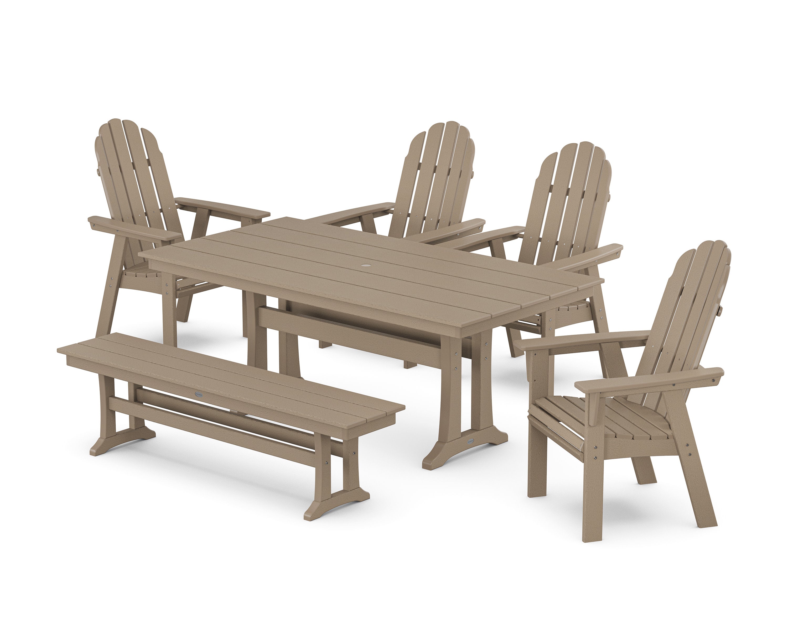 Vineyard Curveback Adirondack Chair 6-Piece Farmhouse Dining Set with Trestle Legs and Bench in Vintage Sahara