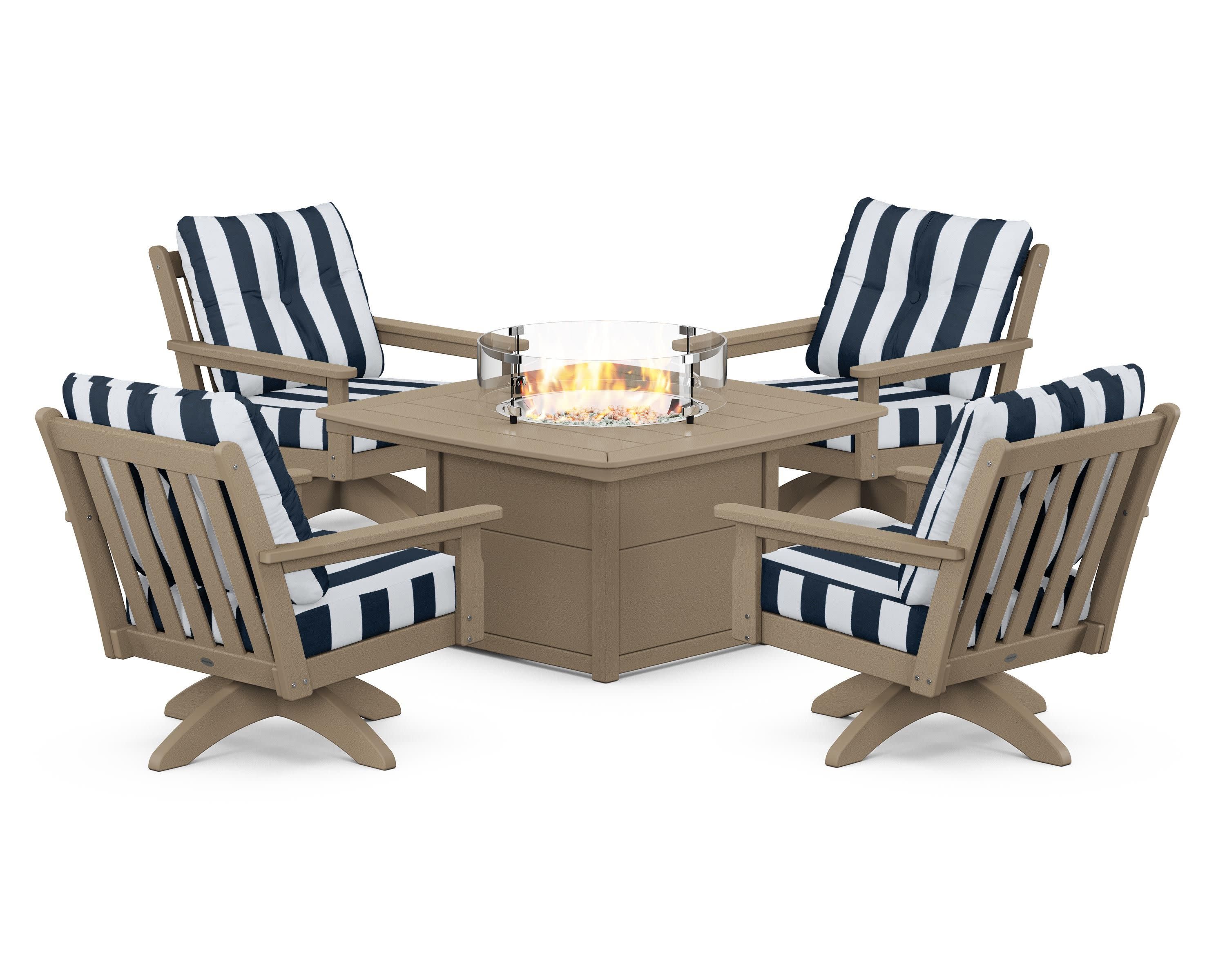 Vineyard 5-Piece Deep Seating Swivel Conversation Set with Fire Pit Table in Vintage Sahara / Cabana Stripe Marine Indigo