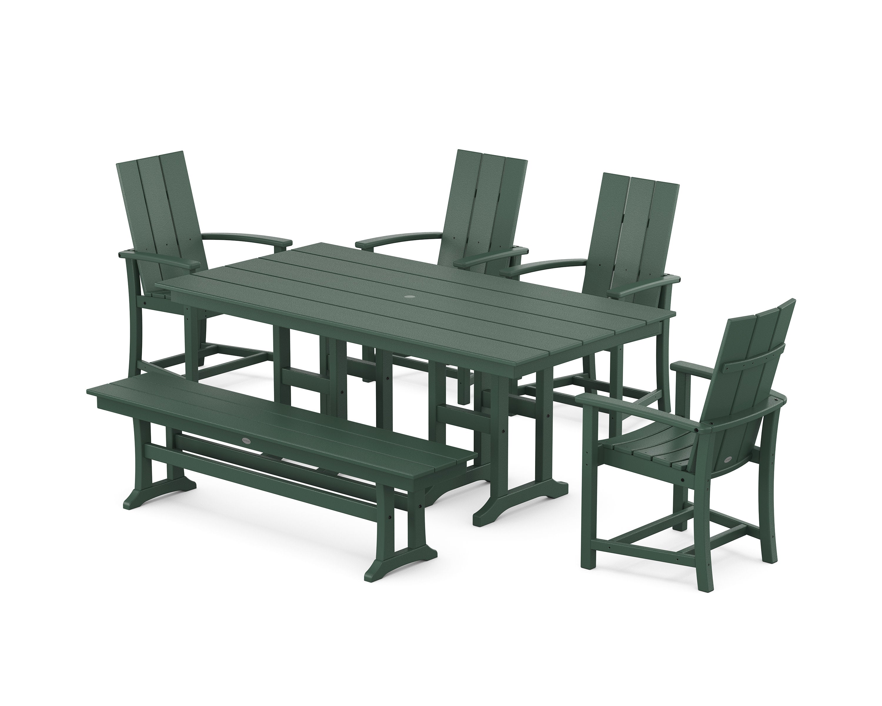 Modern Adirondack 6-Piece Dining Set with Trestle Legs and Bench in Green
