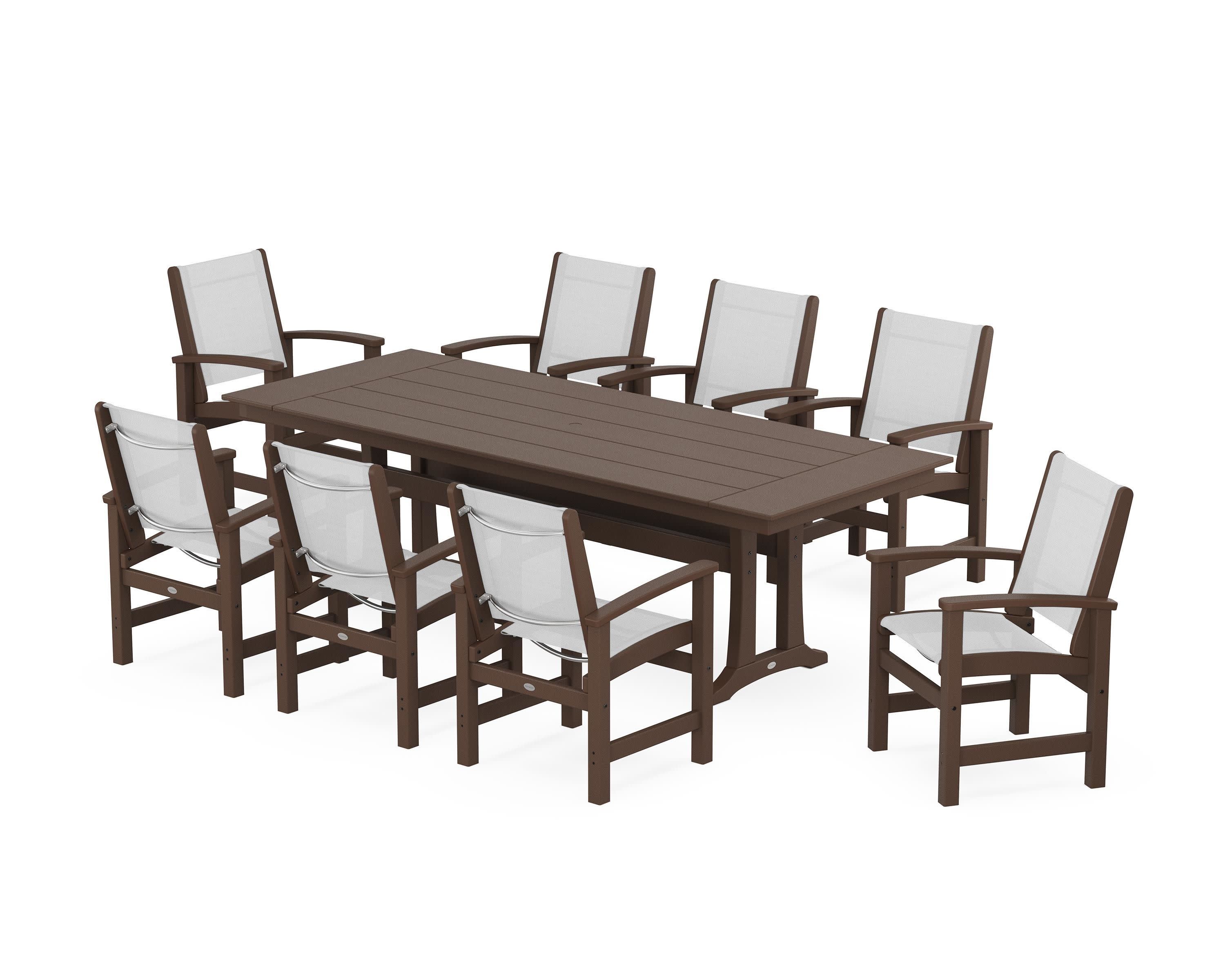 Coastal 9-Piece Farmhouse Dining Set with Trestle Legs in Mahogany / White Sling