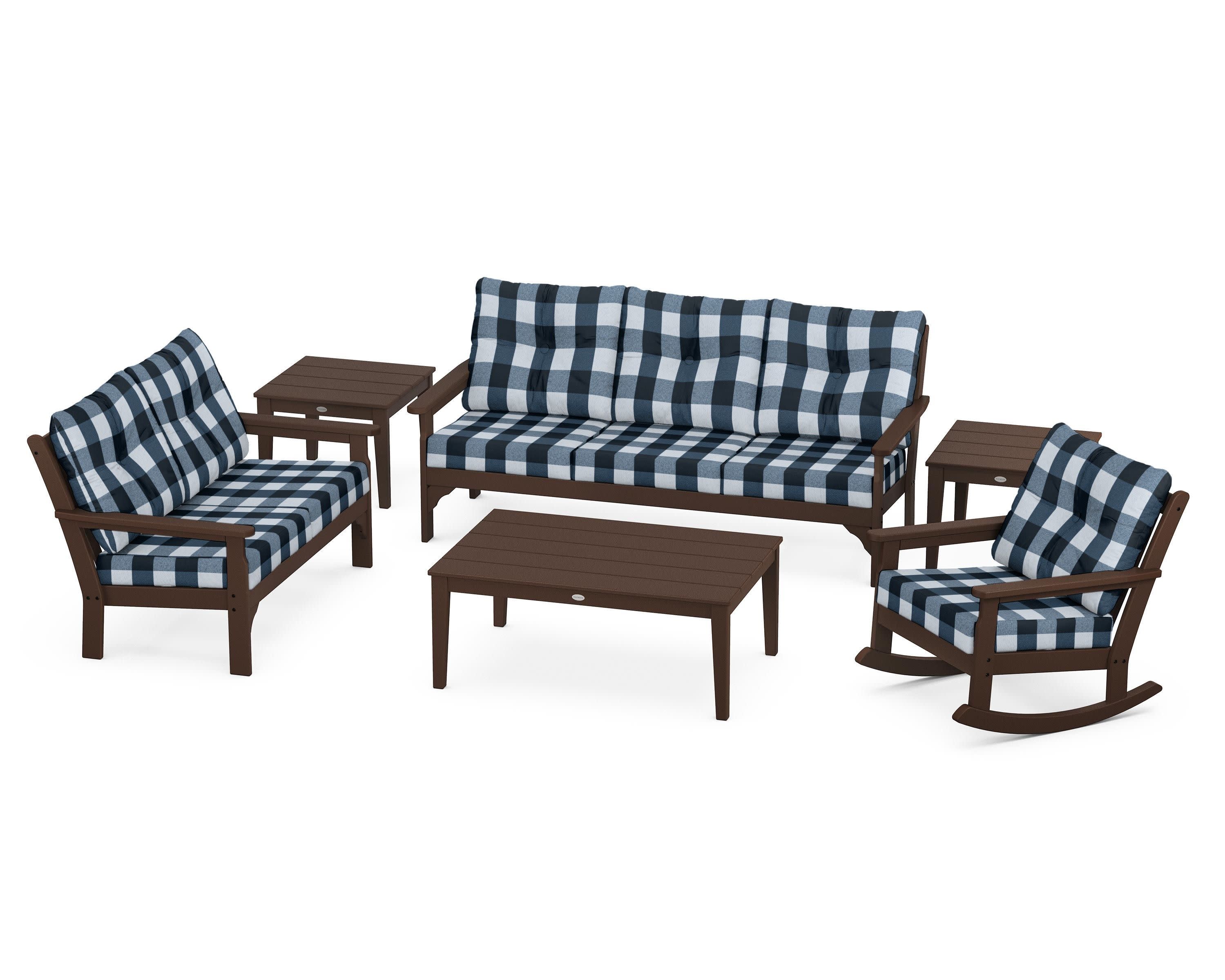 Vineyard 6-Piece Deep Seating Set in Mahogany / Buffalo Plaid Marine Indigo