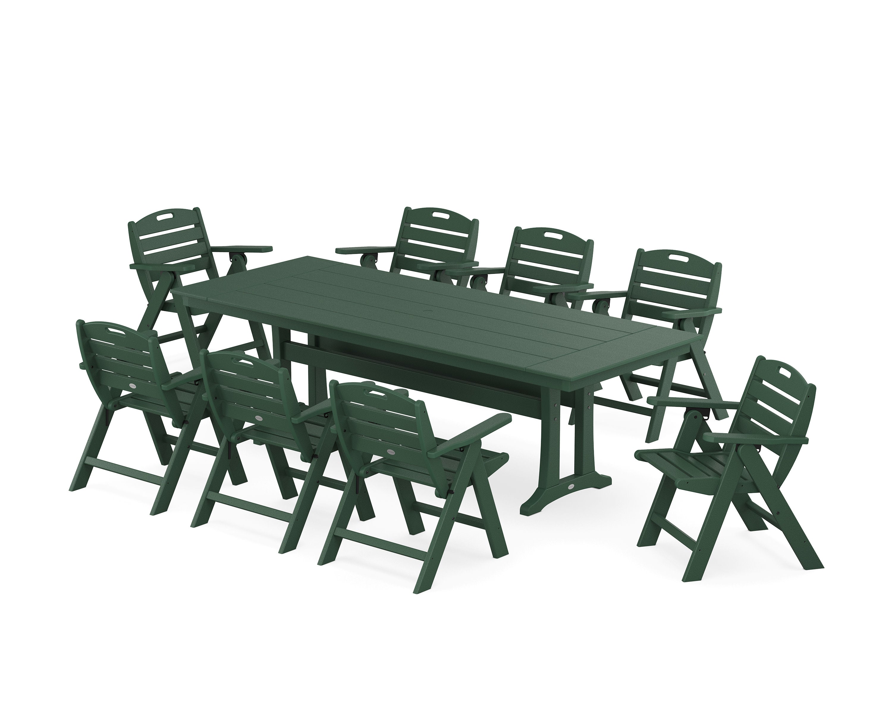 Nautical Lowback 9-Piece Farmhouse Dining Set with Trestle Legs in Green