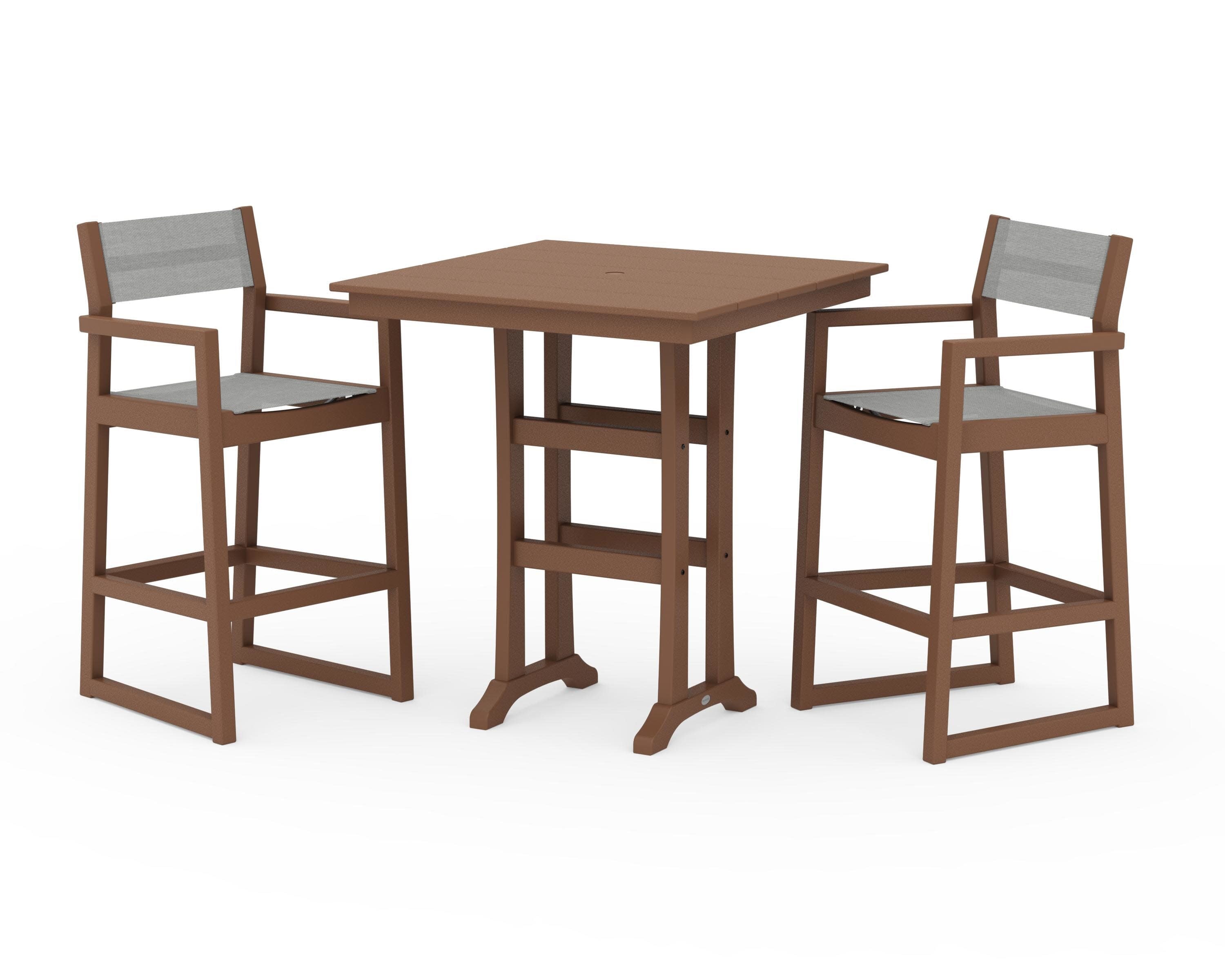 EDGE Sling Arm Chair 3-Piece Farmhouse Bar Set with Trestle Legs in Teak / Metallic Sling