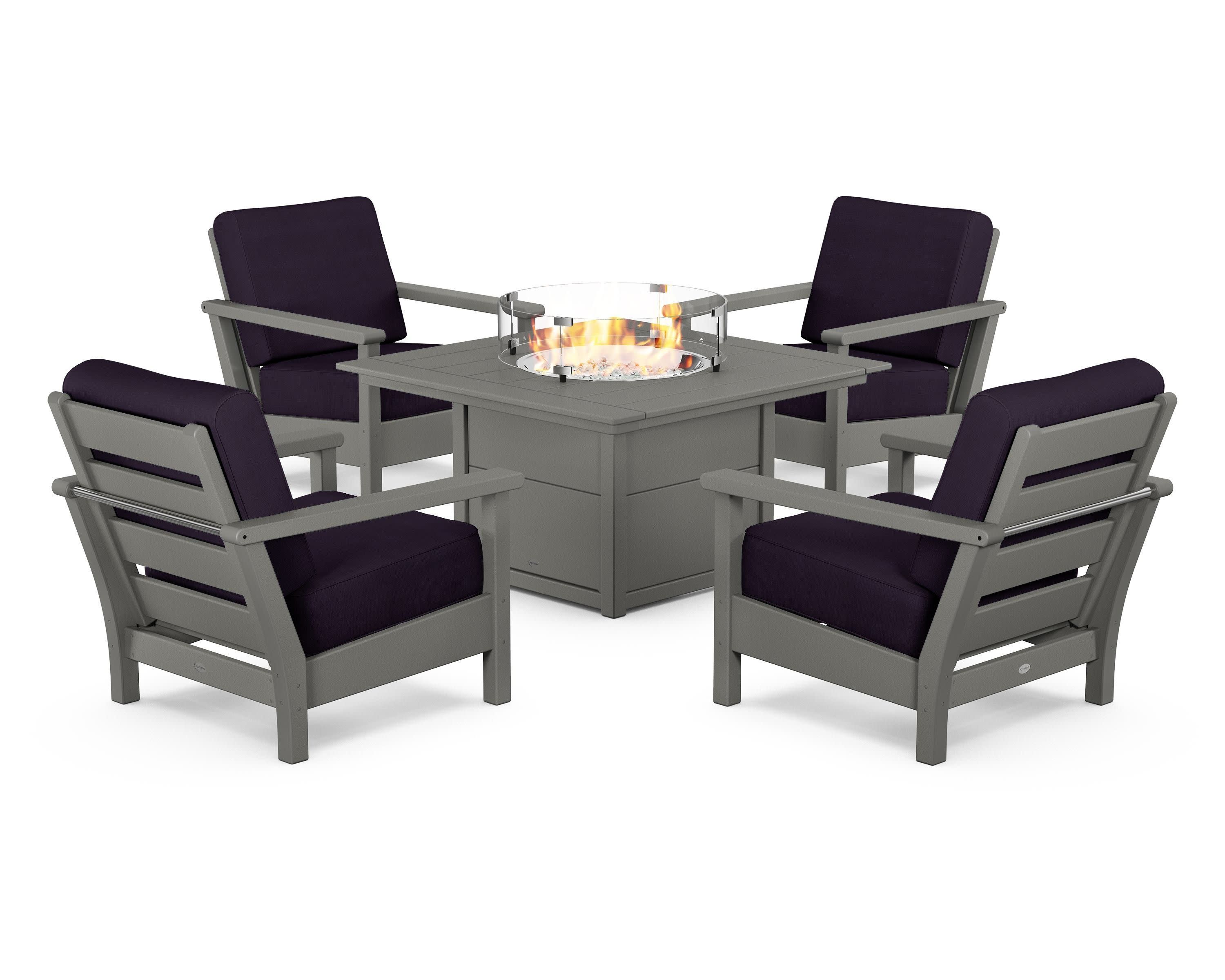 Harbour 5-Piece Conversation Set with Fire Pit Table in Slate Grey / Navy Linen