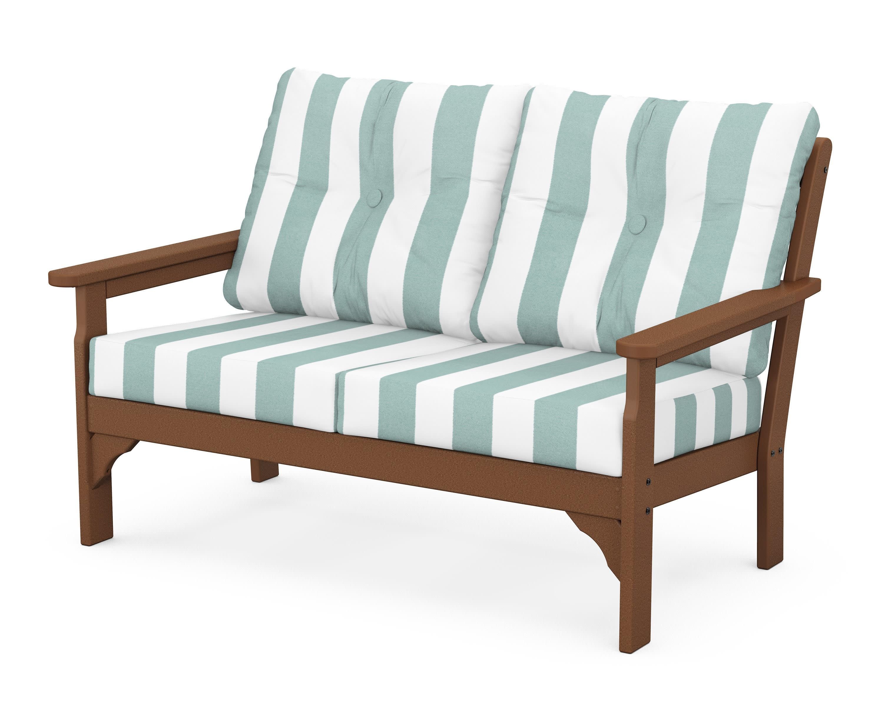 Vineyard Deep Seating Loveseat in Teak / Cabana Stripe Glacier Spa