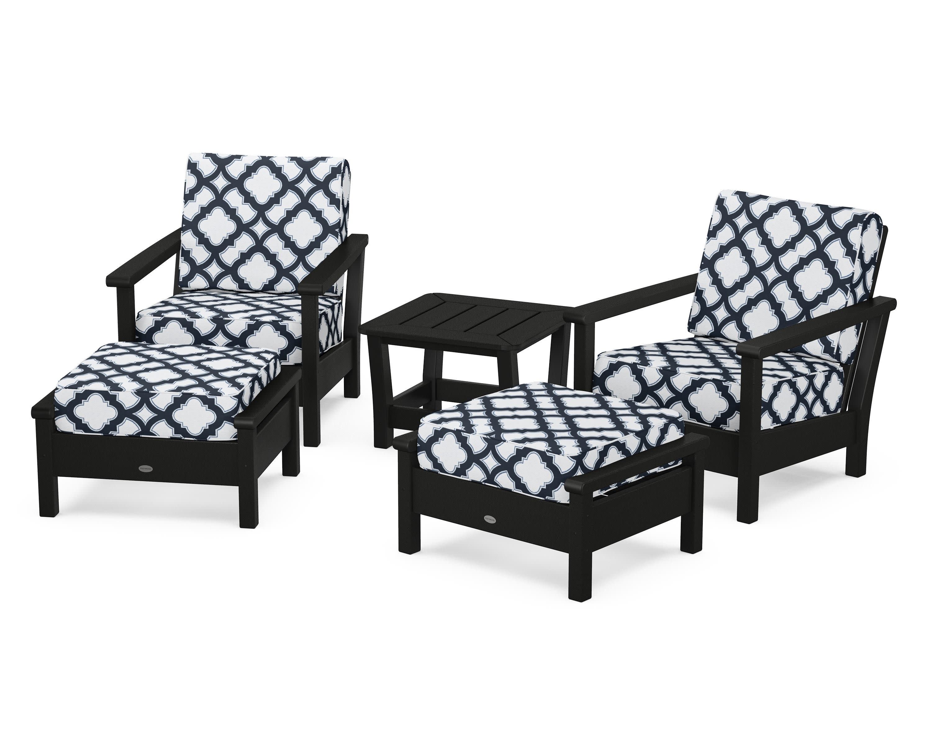 Harbour 5-Piece Deep Seating Chair Set in Black / Trellis Marine Indigo