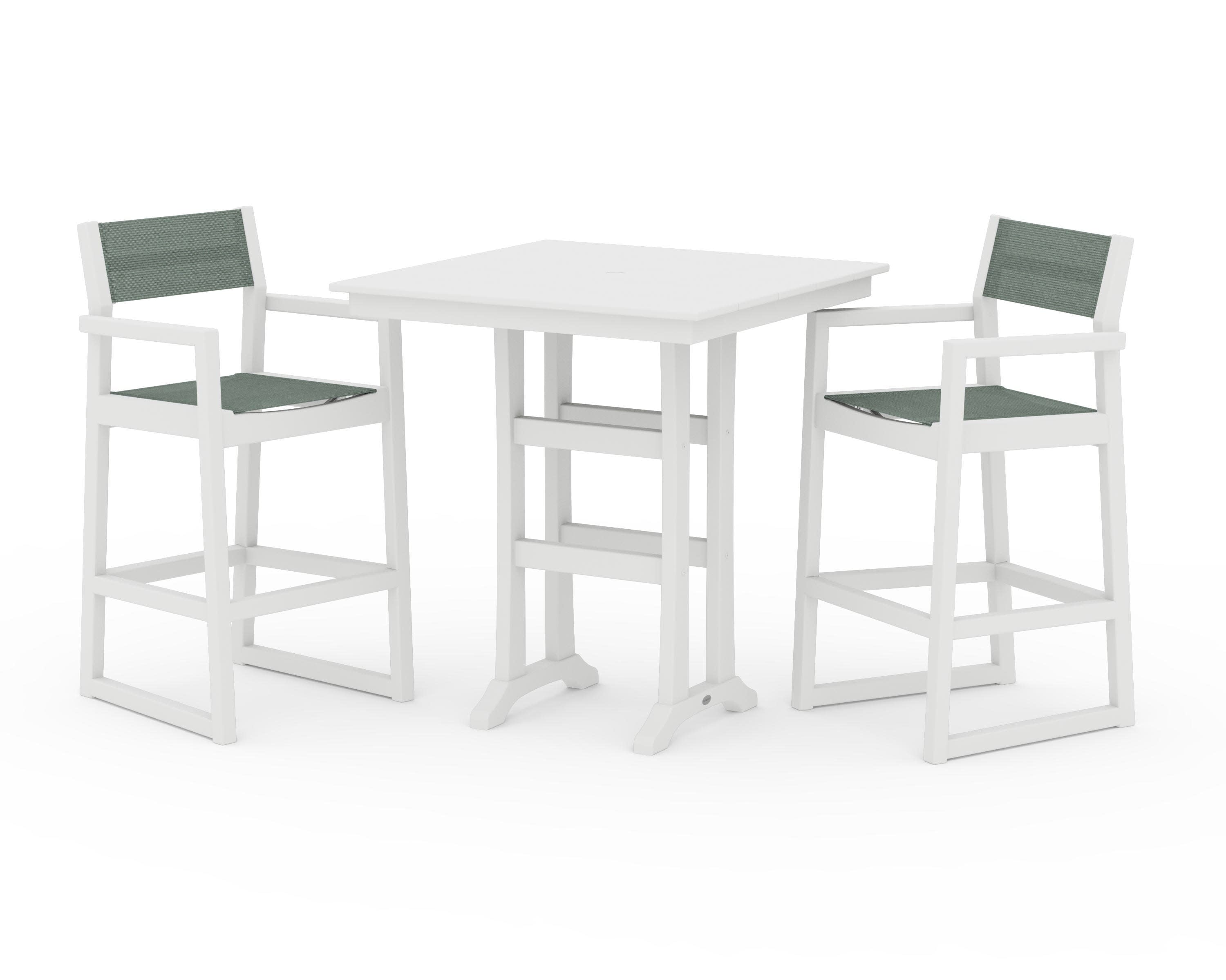 EDGE Sling Arm Chair 3-Piece Farmhouse Bar Set with Trestle Legs in White / Dupioni Sea Mist Sling