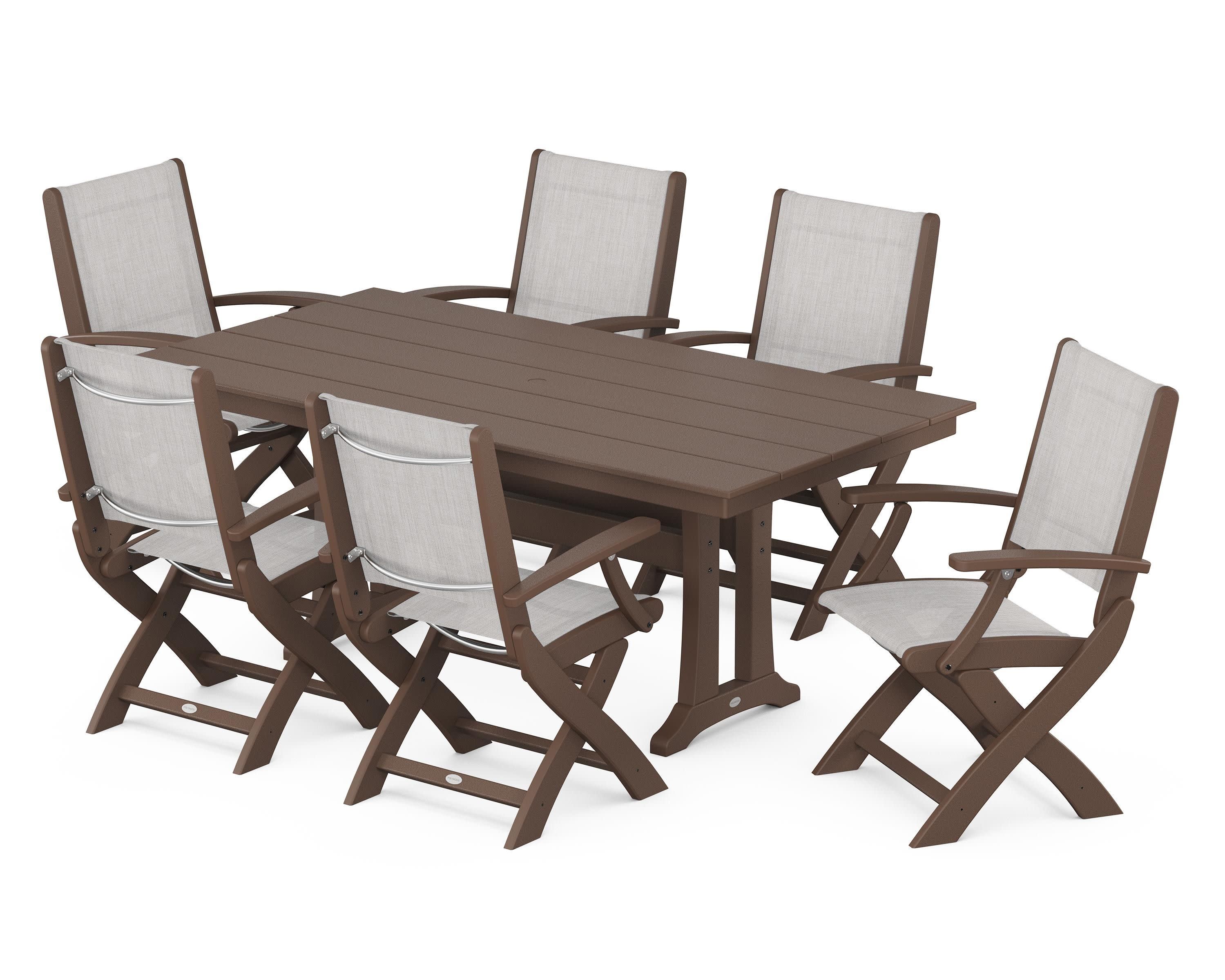Coastal Folding Arm Chair 7-Piece Farmhouse Dining Set with Trestle Legs in Mahogany / Parchment Sling