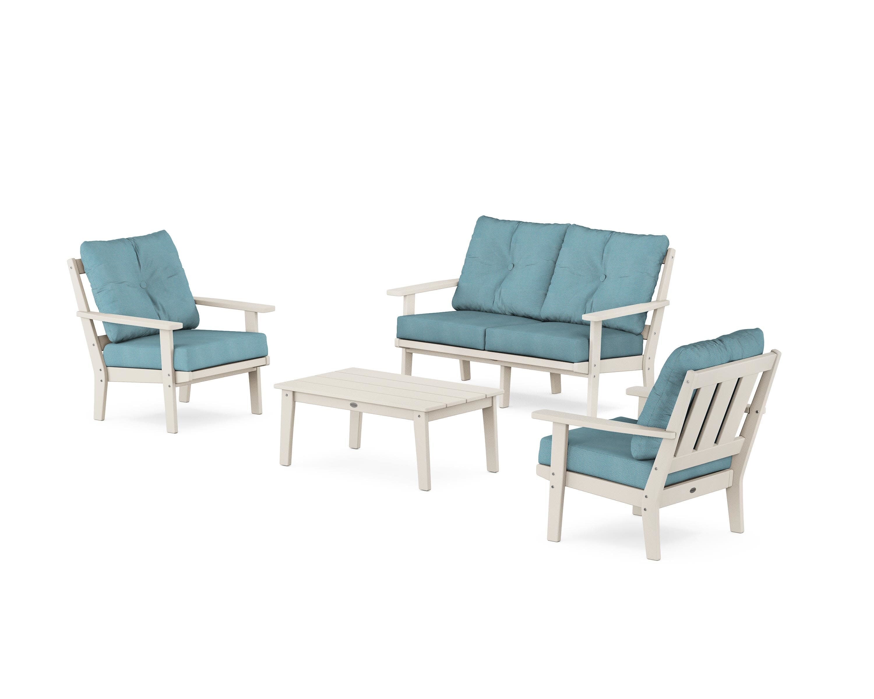 Oxford 4-Piece Deep Seating Set with Loveseat in Sand / Lattice Sky Blue