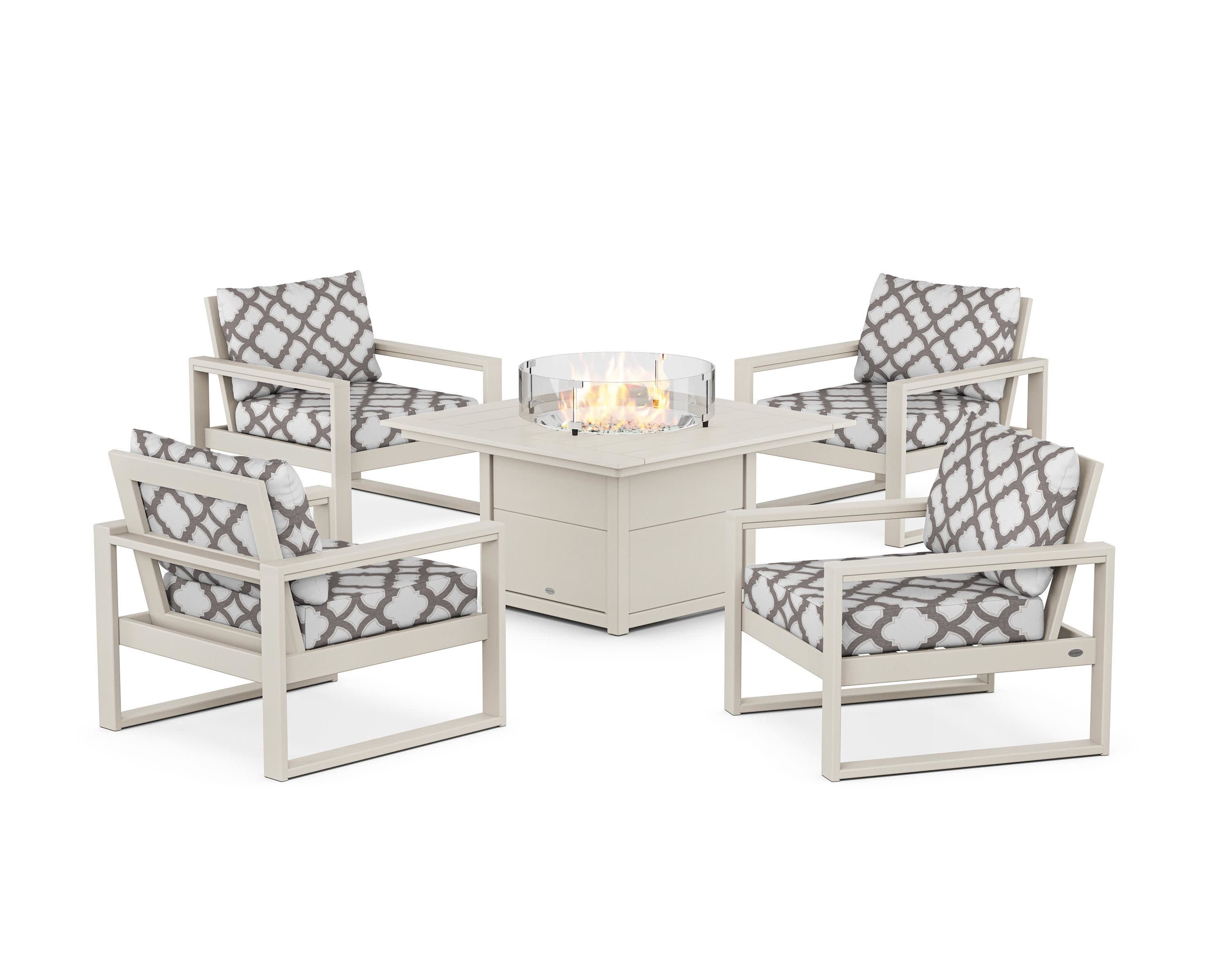 EDGE Sectional 5-Piece Deep Seating Set with Fire Pit Table in Sand / Trellis Grey Mist